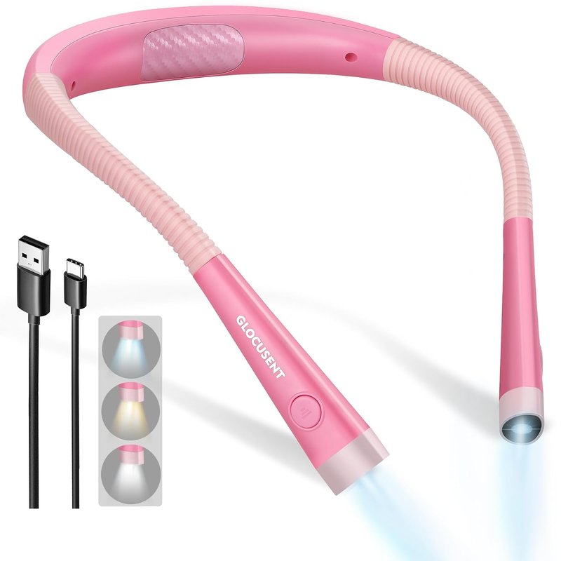 Glocusent LED Neck Reading Light, Book Light for Reading in Bed, 3 Colors, 6 Brightness Levels, Bendable Arms, Rechargeable, Long Lasting, Perfect for Reading, Knitting, Camping(Pink)
