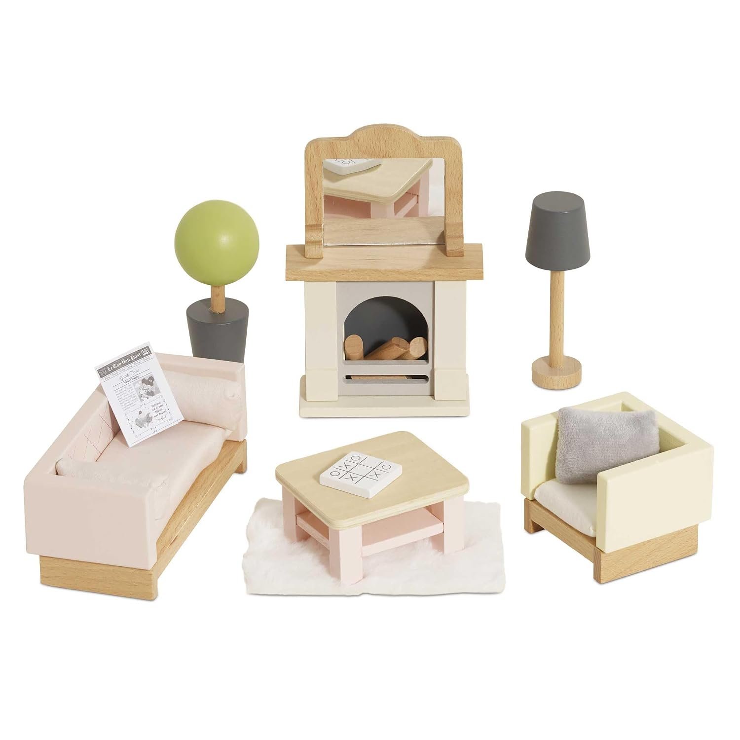 Le Toy Van Wooden Daisylane Sitting Room Doll's House Furniture Set With Sofa, Chair, Cushions, Coffee Table, Coffee Set, Cat and Fireplace Ideal For 10-15cm Dolls