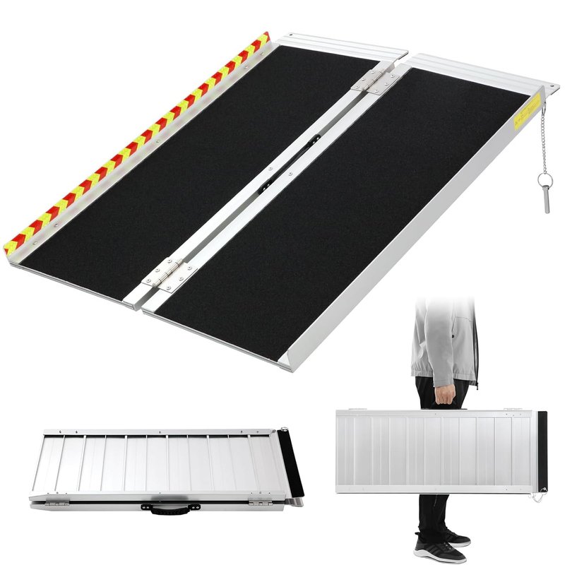 Wheelchair Ramp,1.22m Folding Portable Aluminum Ramp, 362kg Capacity,with Transition Plate and Reflective Warning Stickers, for Wheelchair Scooters Power Chairs Walkers Metallic