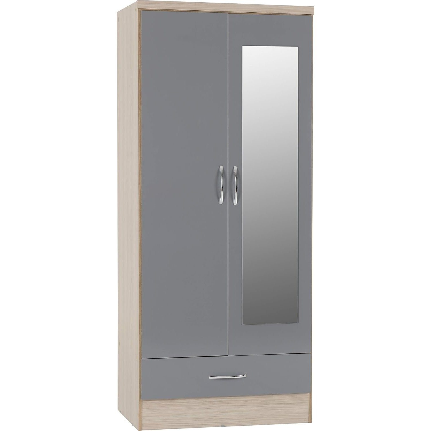 Seconique Nevada Mirrored 2 Door Wardrobe in Grey Gloss/Light Oak Effect Veneer