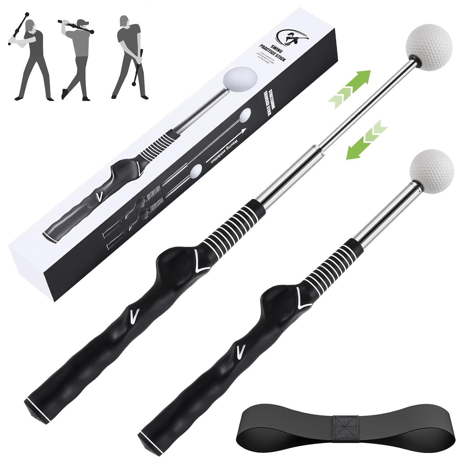 MIKOSI Golf Swing Trainer, Golf Grip Trainer and Retractable Right-Handed Golf Swing Training Aid for Chipping Hitting, Ideal Golf Training Aid with Arm Band for Men and Women, Indoor & Outdoor Use