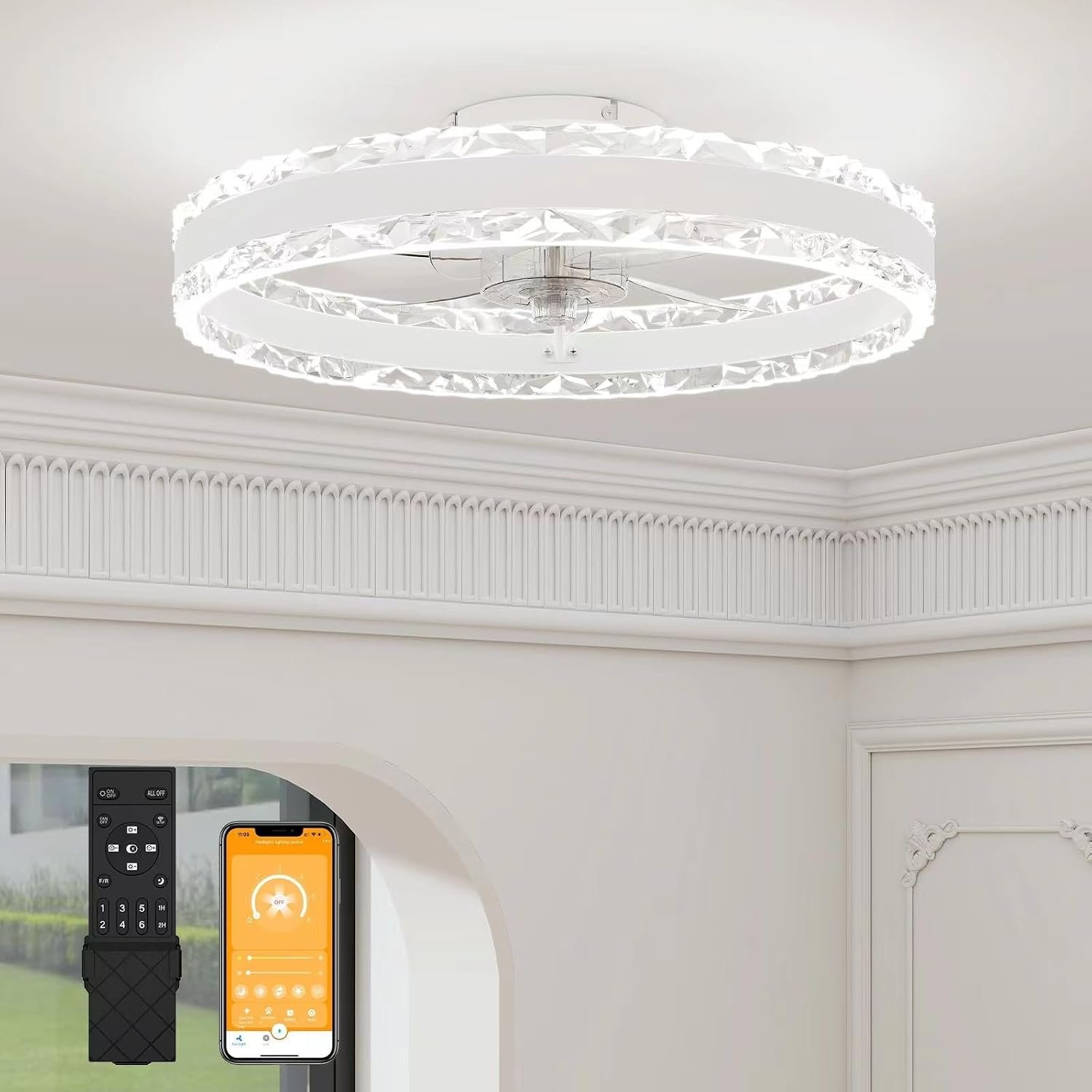 VOLISUN Ceiling Fans with Lights and Remote, 50cm Luxury Smart Crystal Ceiling Fan Light, 6 Speeds and 3000K-6500K Dimmable Quiet Fan Ceiling Lights for Bedroom Living Room Dining Room (White)