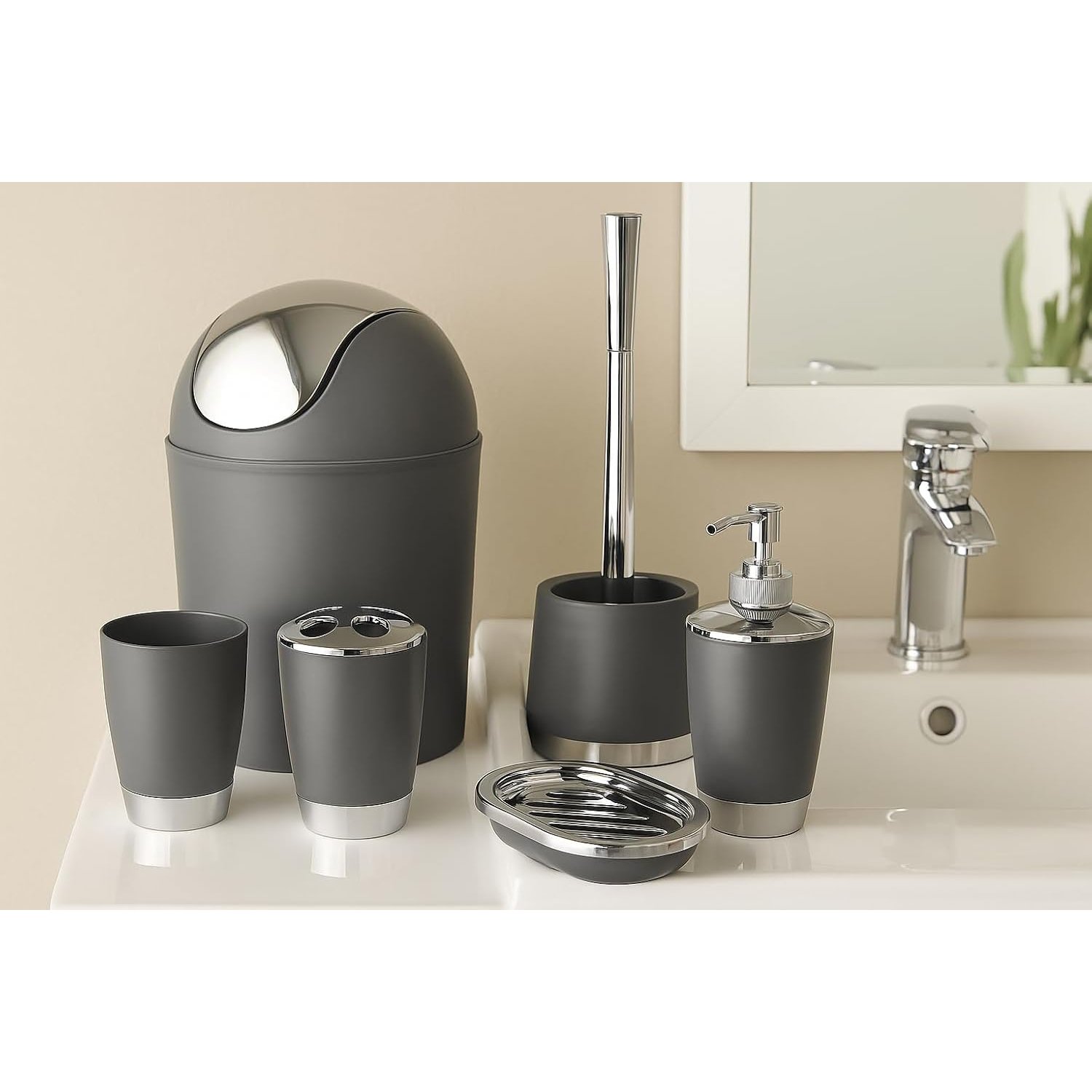 Bathlux Modern Design 6 Piece Bathroom Accessory Set, Toilet Brush, Waste Bin, Soap Dish, Tooth Brush Holder Soap Dispenser, Rinse Cup (Grey)