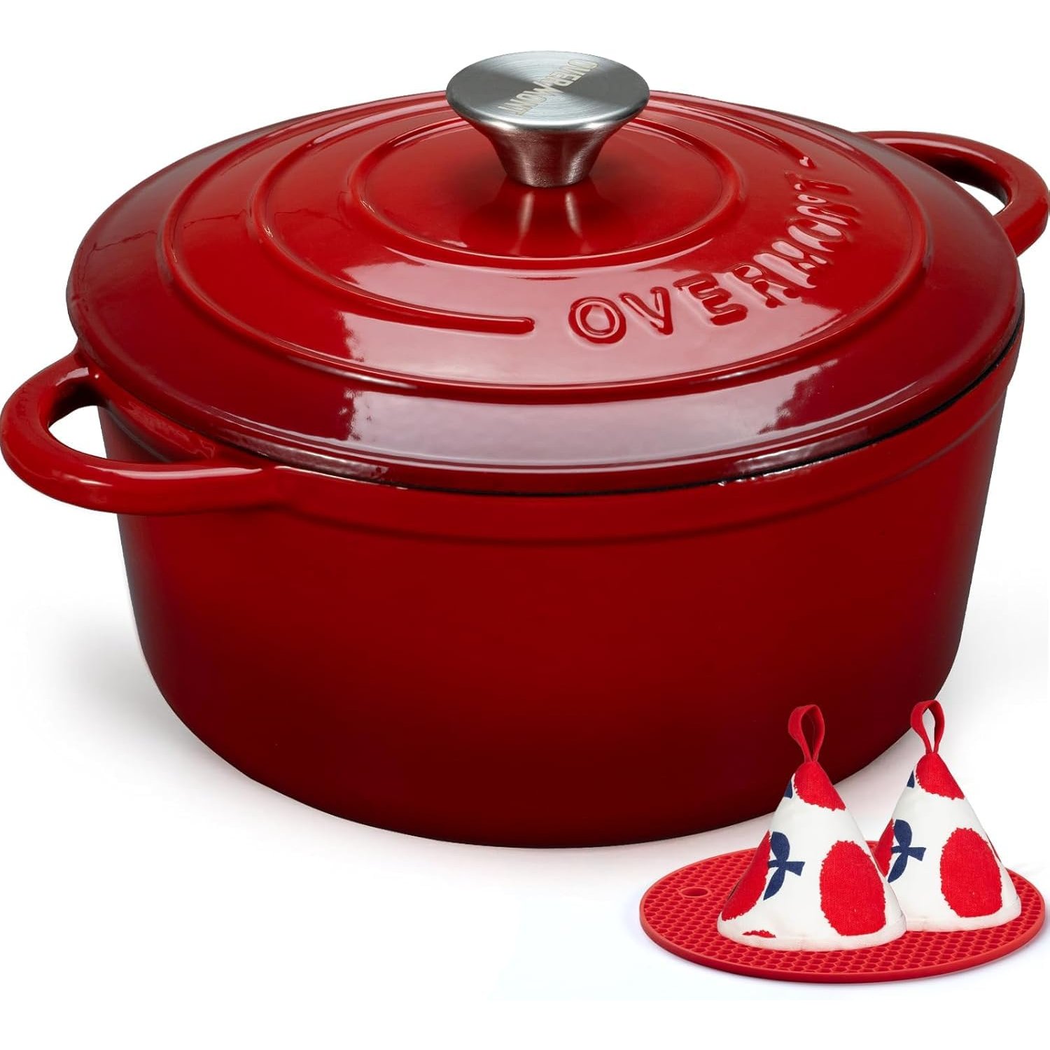 Overmont Enameled Cast Iron Casserole Dish - Non-Stick Dutch Oven with Lid - Diameter 26 cm Round Cocotte for Suitable for Hobs and Induction Ovens - Red