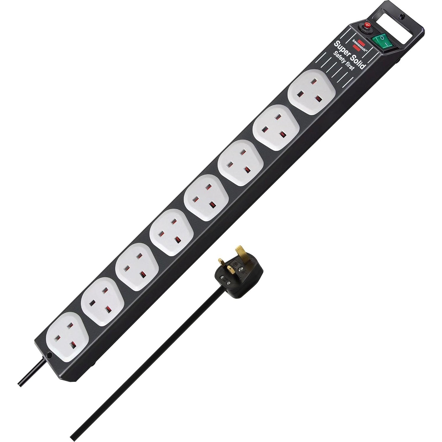 Brennenstuhl Super-Solid-Line 8-way Extension Socket (Extension Lead with Safety Fuse Button, 2,5m cable, sockets in 90° arrangement) black/grey