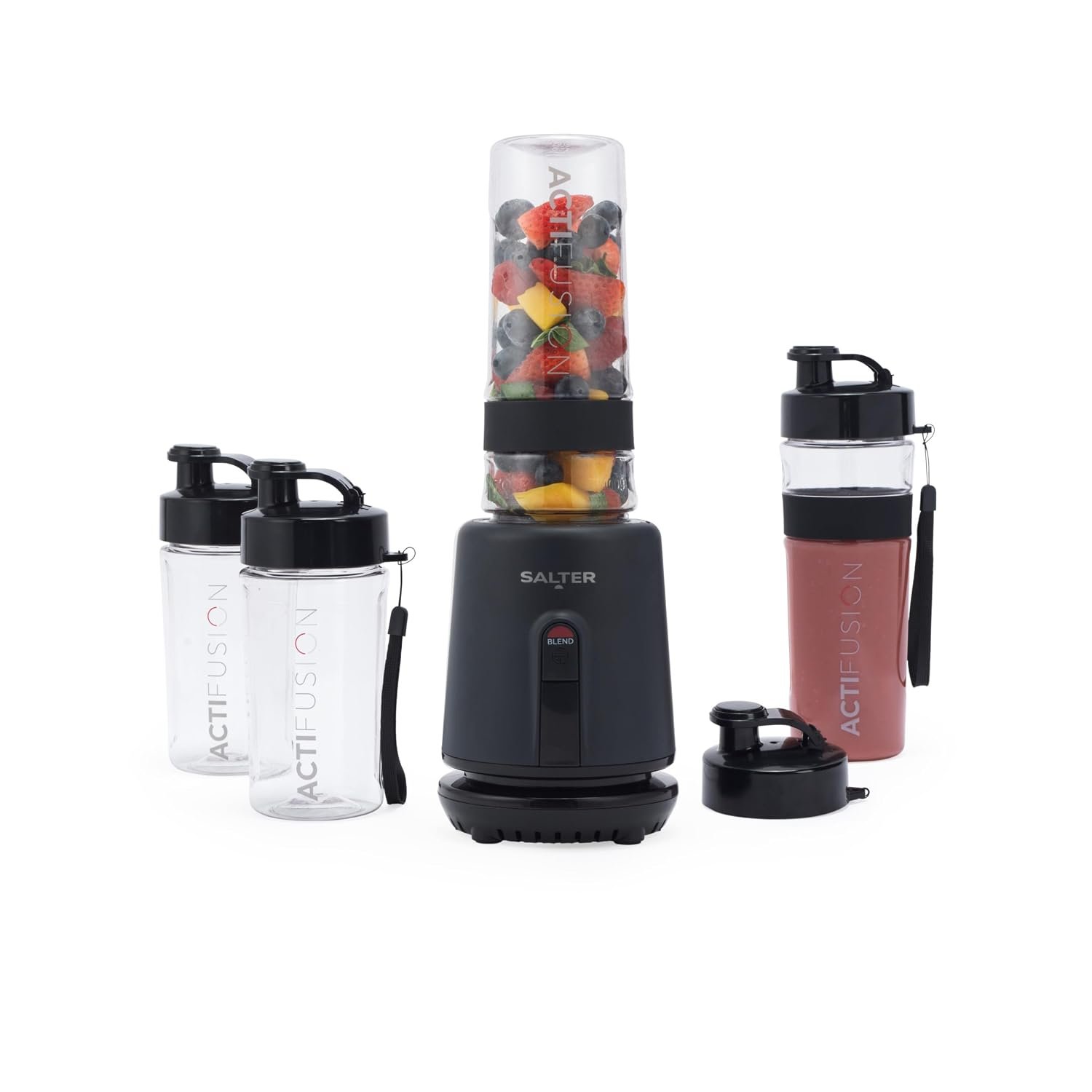 Salter EK6133MBLKS Kuro Actifusion Blender Set – Smoothie Protein Shake Blender, 2 x 600ml & 2 x 400ml Sports Bottles, BPA-Free, Leak Proof, One Touch Operation, Stainless Steel Blades, Non-Slip, 350W