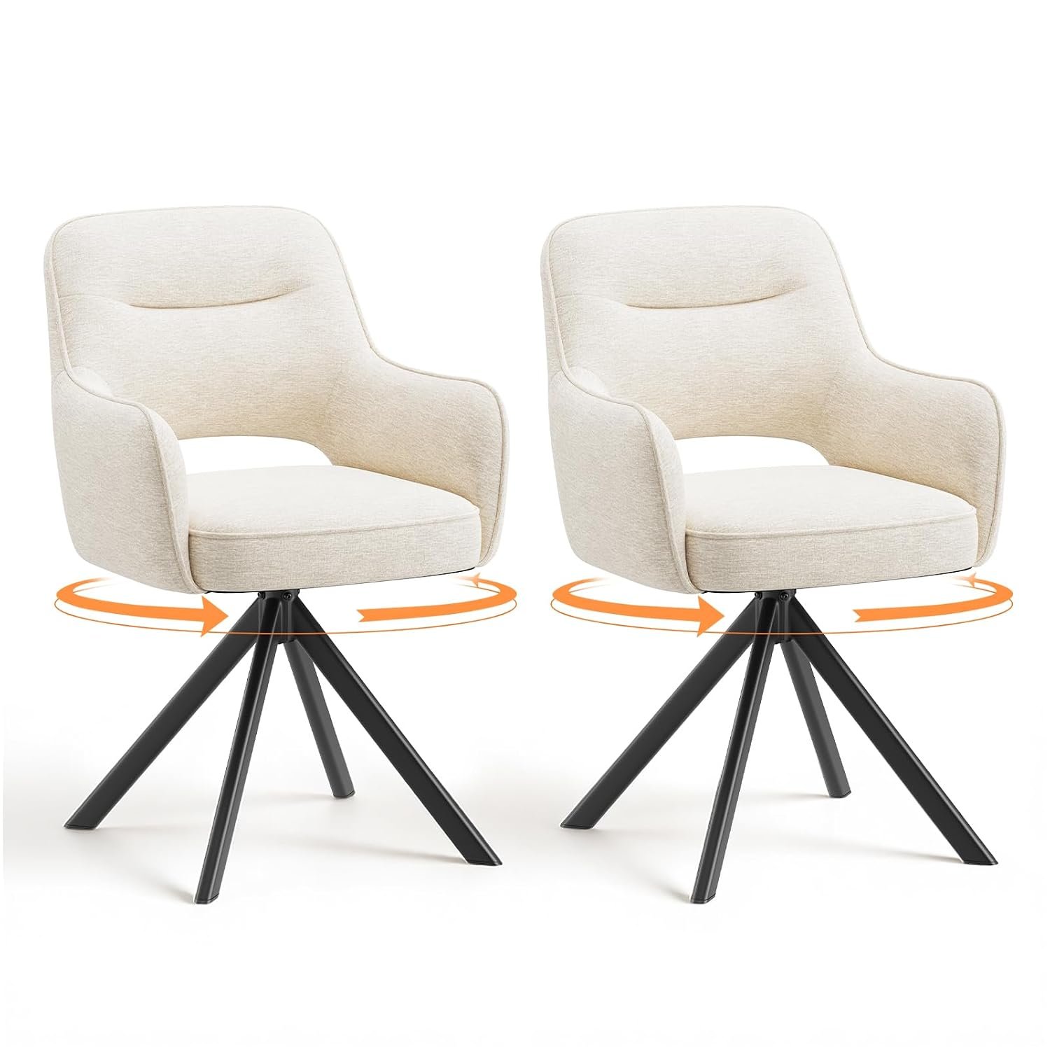 COLAMY 360°Swivel Dining Chairs Set of 2, Fabric Chairs for Dining Room with Armrests, Hollow Backrest and Thick Seat Cushion, Kitchen Chair with Anti-Slip Pads, armchairs for living Room, Beige