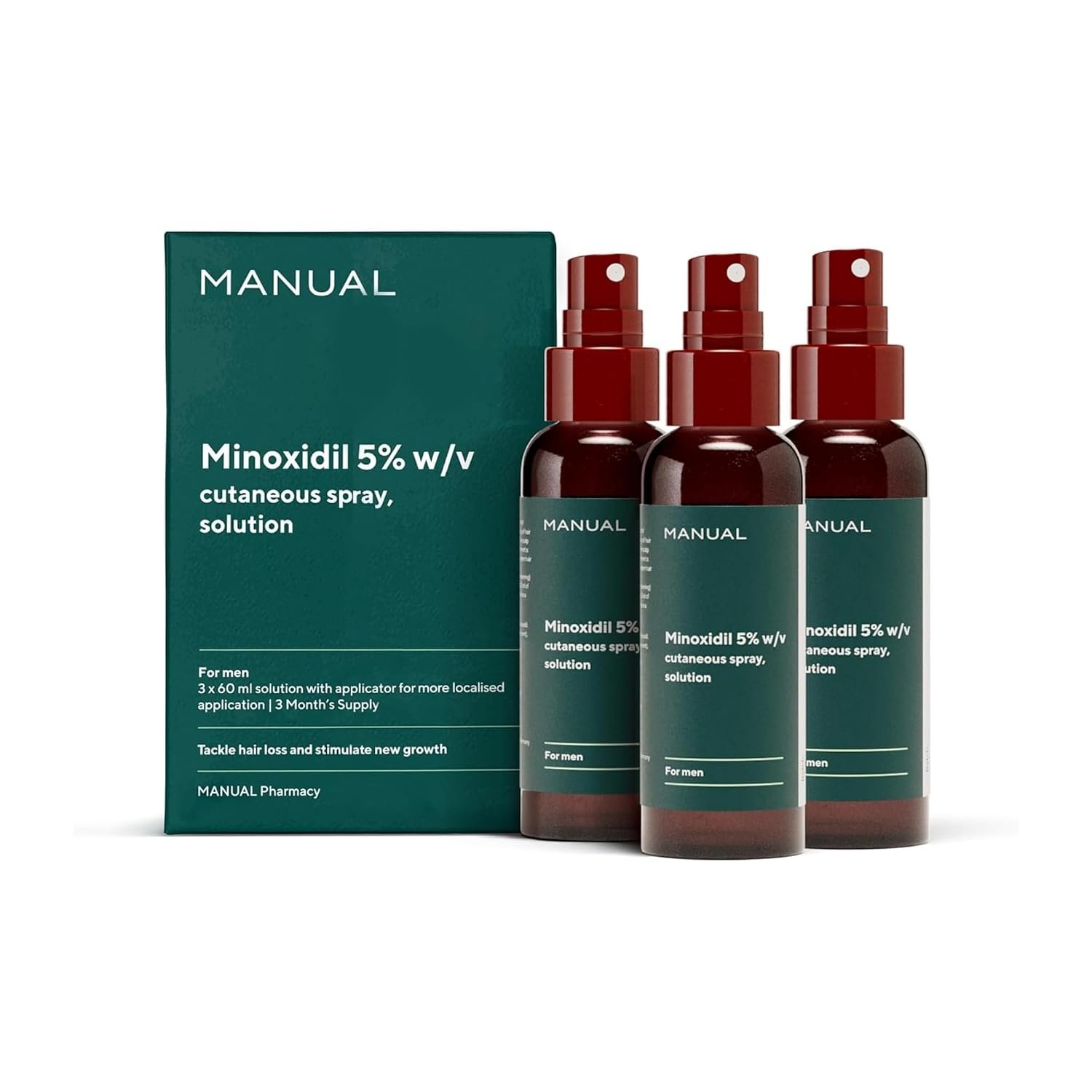 Manual 5% Minoxidil (3 x 60ml) Formula For Men - Increases Blood Flow To Follicles - Promotes Growth for Longer, Thicker Hair - Stimulates Hair Regrowth - Easy To Apply Spray - 3 Month Supply