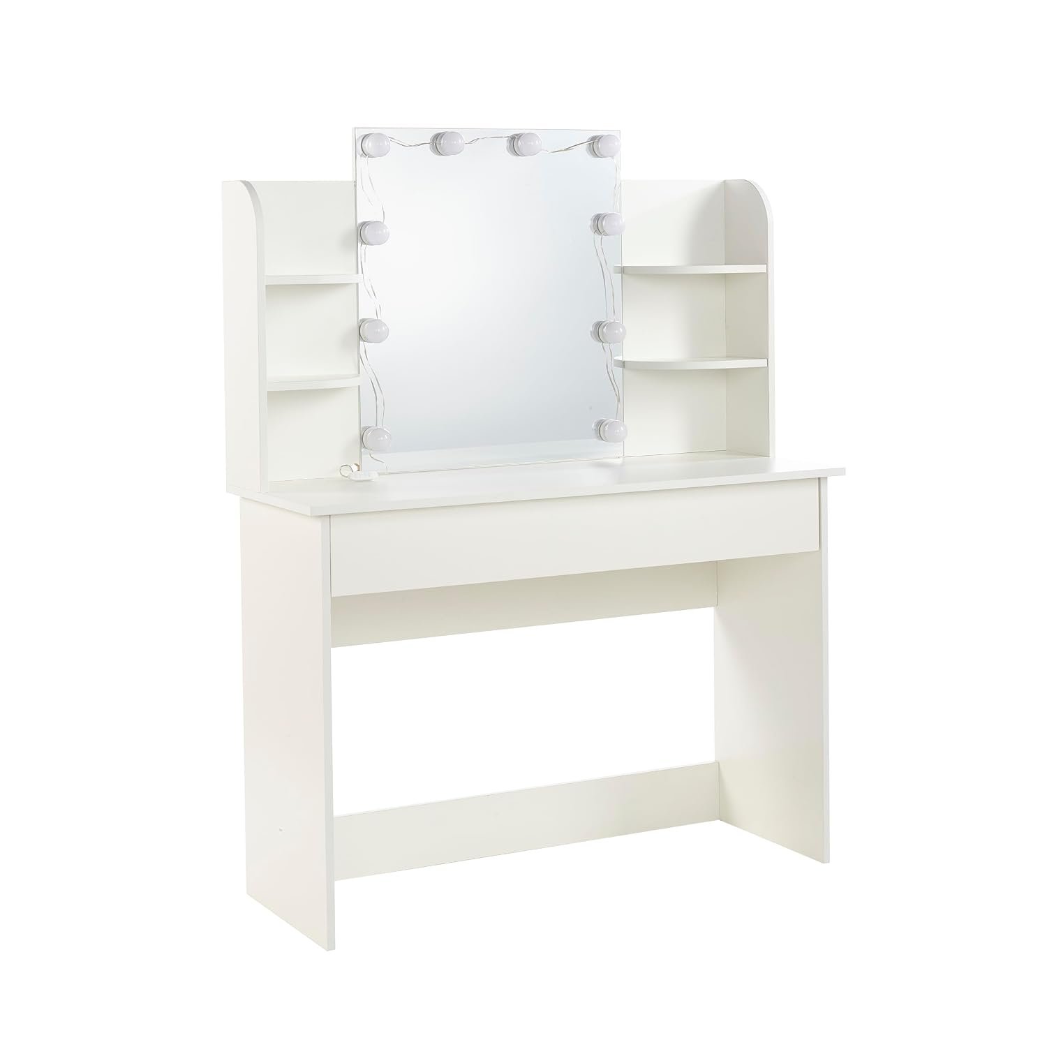 MMT Furniture 90 cm LED Dressing Table with Mirror – Modern White Makeup Vanity Table with 2 Drawers, Adjustable Lighting & Cable Organizer