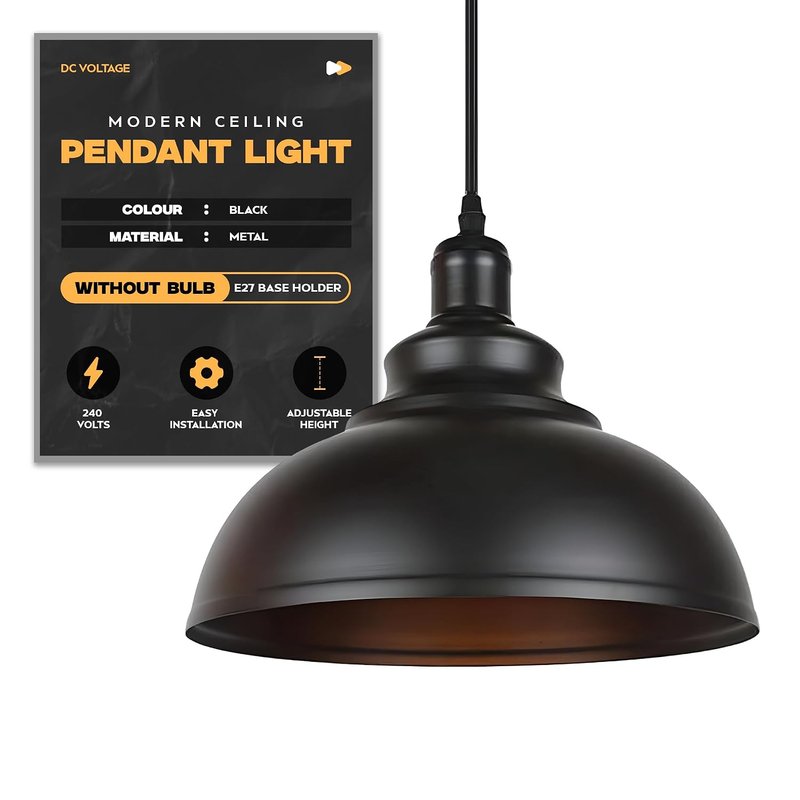 DC VOLTAGE Modern Ceiling Pendant Light Black Metal 29cm Width Lampshade Easy Fit E27 Base with Adjustable Cable Hanging Light Fitting for Kitchen Living Room Bedroom Restaurant Office Bar