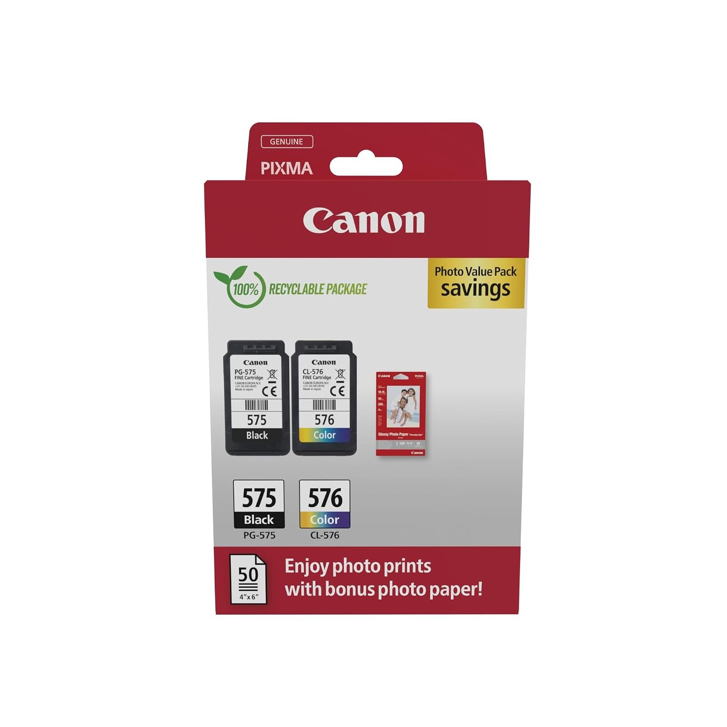 Canon Ink & Paper Multipack - PG-575/CL-576 Genuine Printer Ink Cartridges 2 Pack (1 x Black, 1 x Colour) & 4x6 Photo Paper (50 x Sheets)