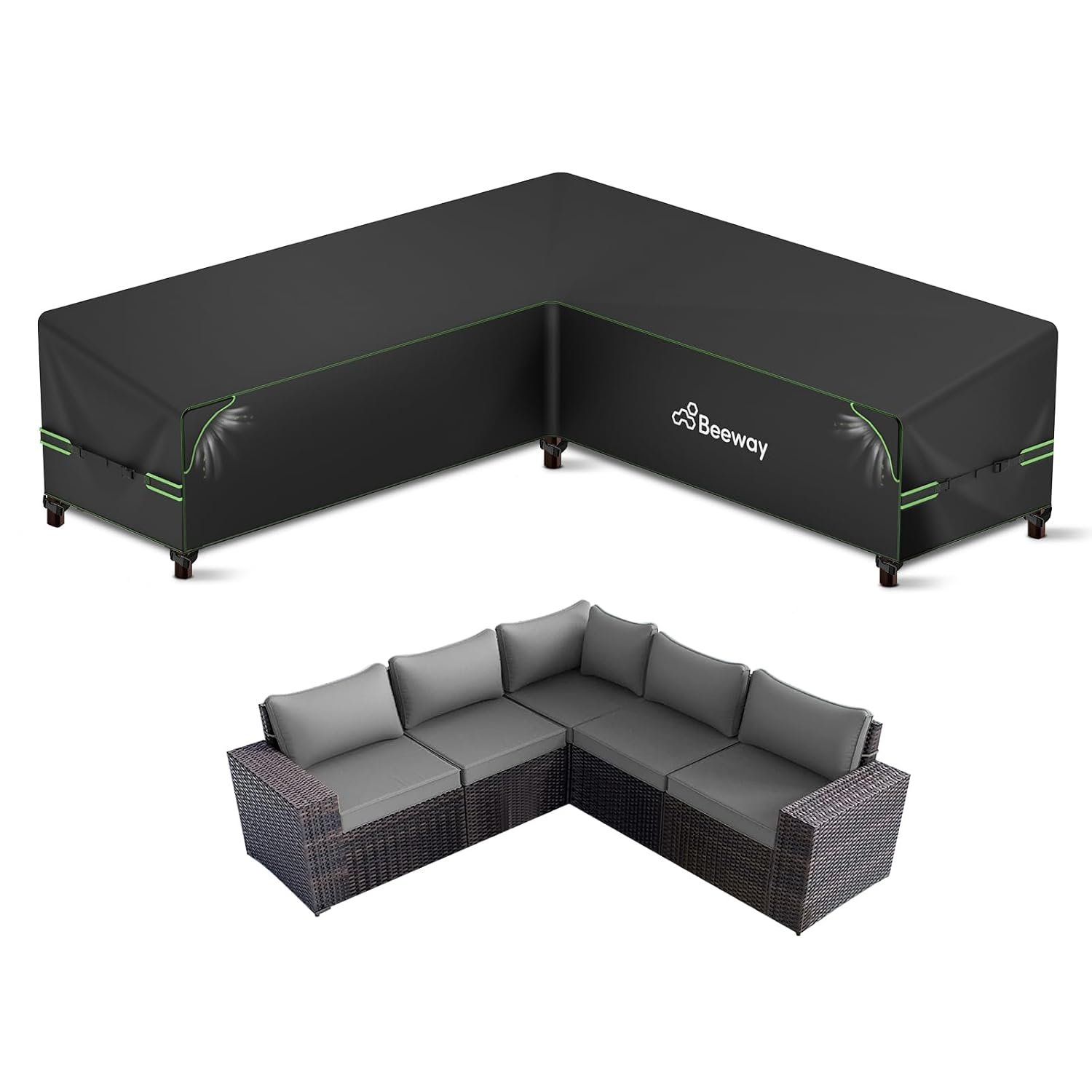 BEEWAY Garden Furniture Cover L Shape with Air Vent, Waterproof Outdoor Patio Rattan Sectional Corner Sofa Cover V Shaped - 420D Oxford Fabric, Windproof - 255/255x87x80/66cm