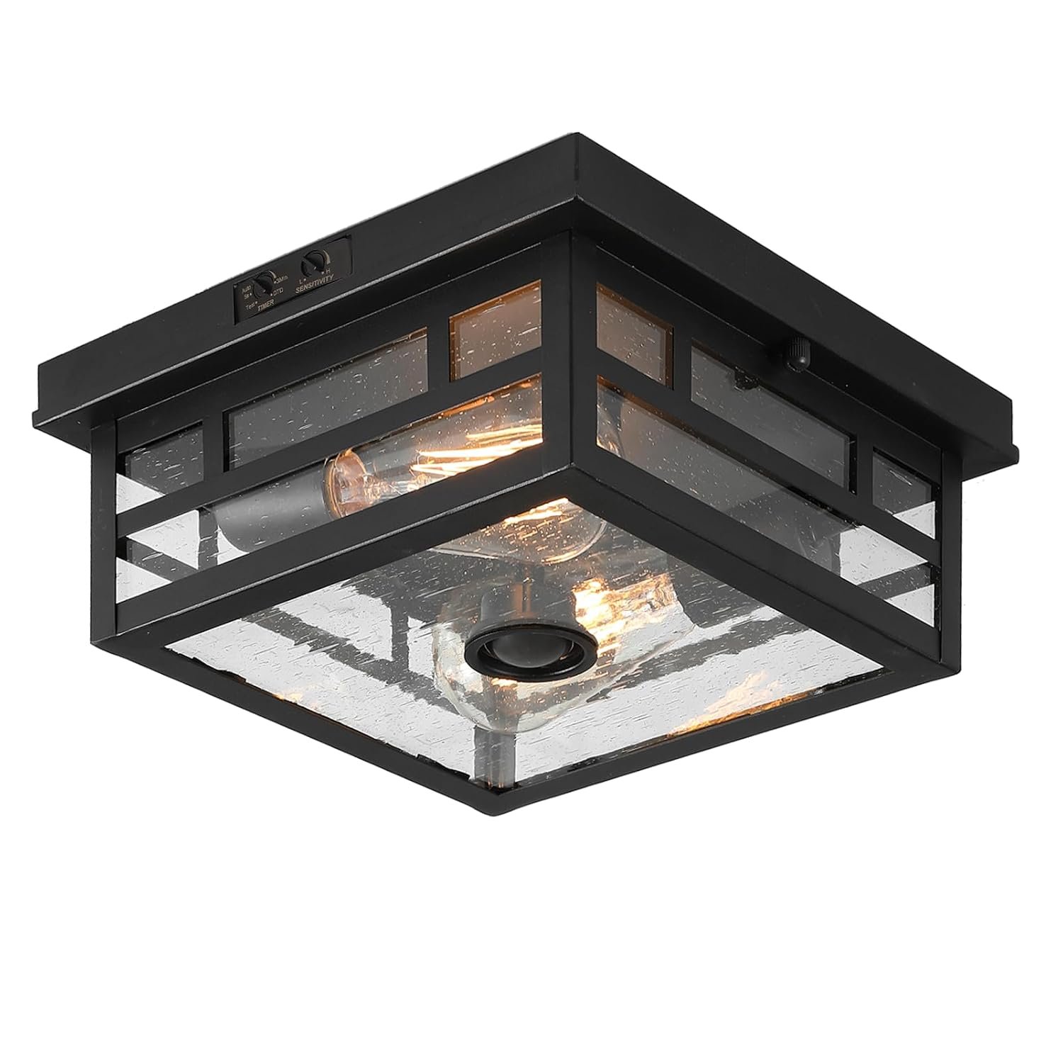 CALOKES Outdoor Flush Mount Motion Sensor Ceiling Light - Timeless Industrial Design with Seeded Clear Glass for Your Porch, Driveway, Covered Patio, Farmhouse, and Entryway, Dusk to Dawn