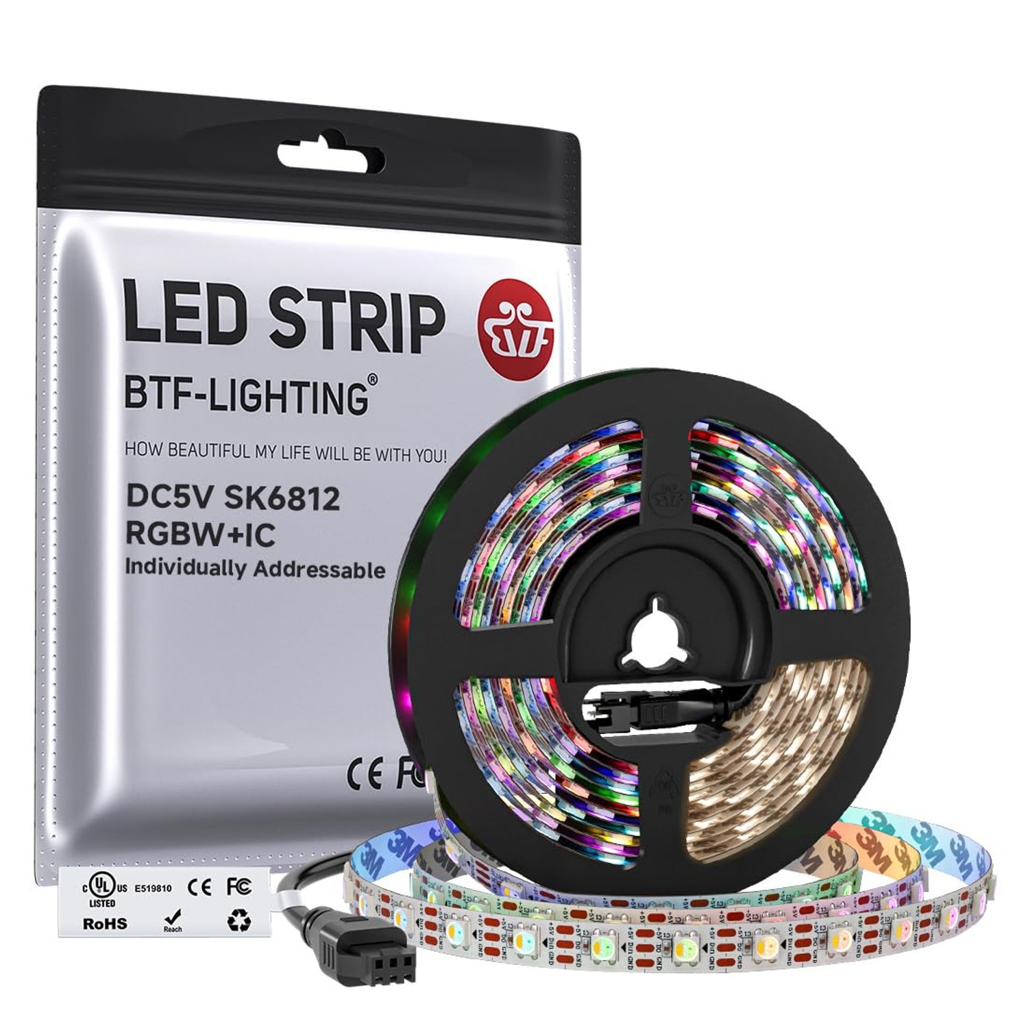 BTF-LIGHTING RGBW RGB+Natural White SK6812 (Similar WS2812B) 16.4ft 5m 60LEDs/Pixels/m Individually Addressable Flexible 4 Colors in 1 LED Dream Color LED Strip White PCB IP30 Non-Waterproof DC5V