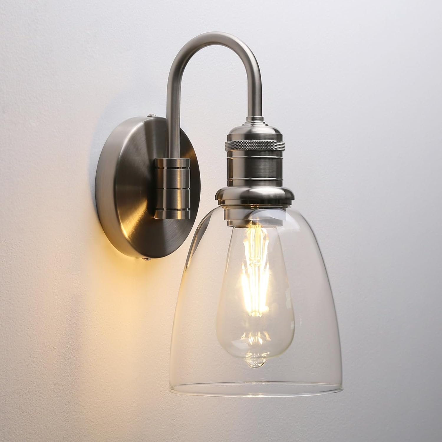 Yosoan Lighting Modern Vintage Industrial Bell Sconce Wall Light Fitting with 5.6” Clear Glass Lampshade, for Office Home Kitchen Living Room Bedroom Loft Bar (Brushed)