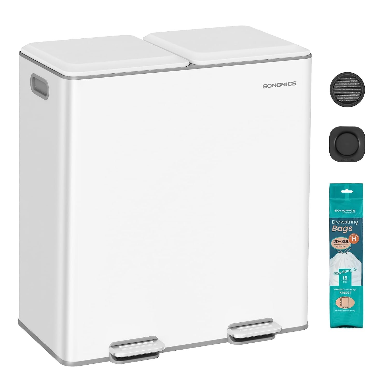 SONGMICS Kitchen Waste Bin, 2 x 30 L, 2 Compartments, Waste Separation System, Softclose, Removable Inner Bins, Pedals, Steel, Cloud White LTB743W02