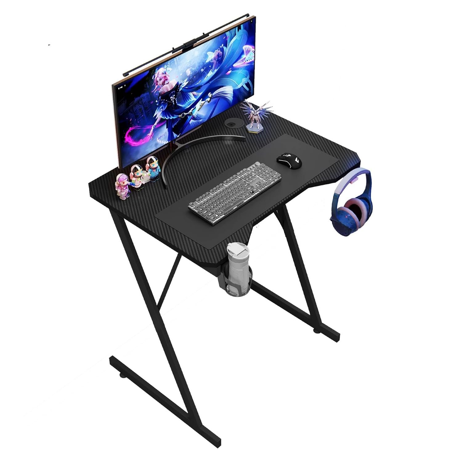 House Of Home 80cm Gaming Desk – Small Computer Table with Carbon Fibre Finish, Cup Holder & Headset Hook – Compact Ergonomic Desk for Home Office or Gaming Setup Black