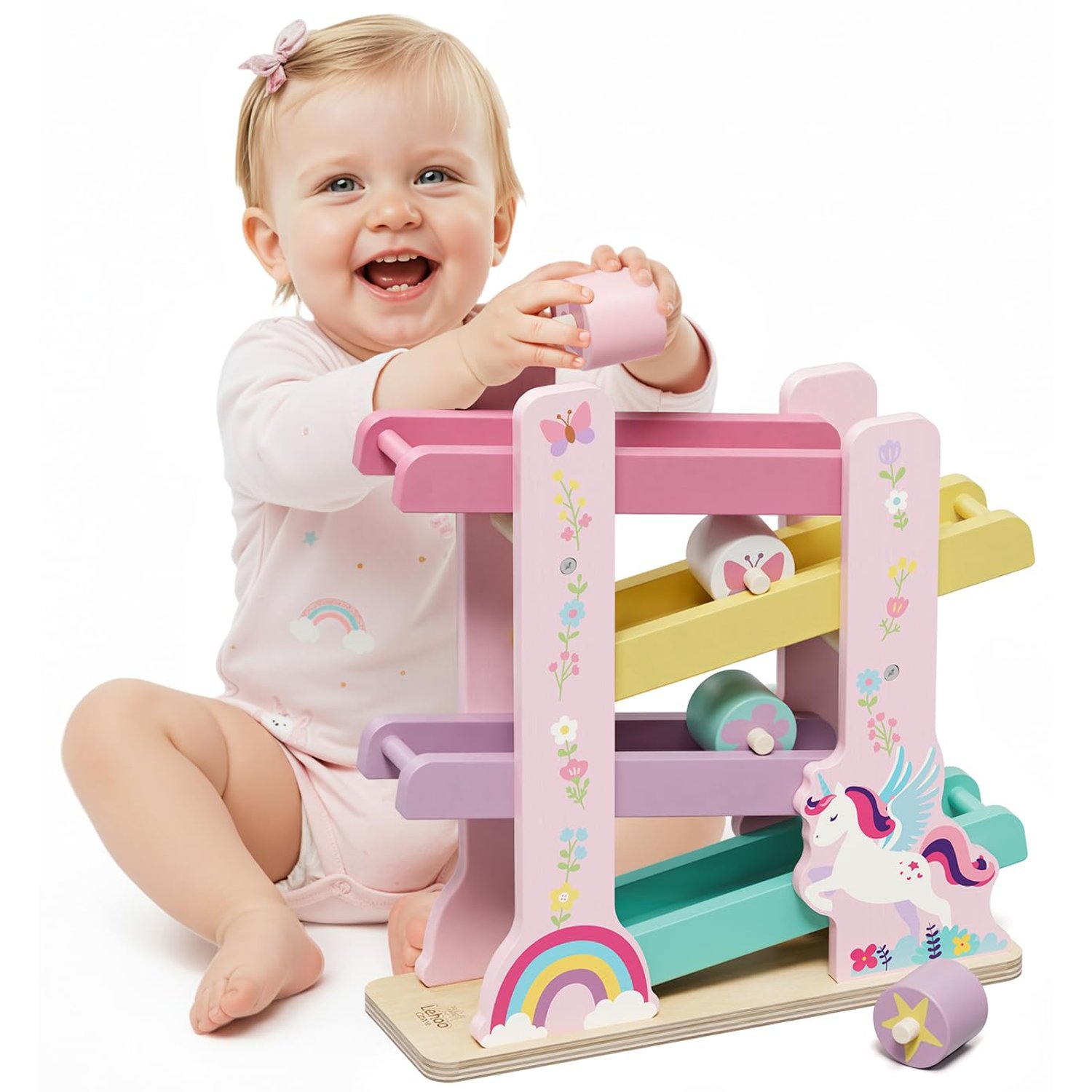 Lehoo Castle Toddler Toys Wooden for 1 2 3 Year Old Girls, Baby Unicorn Birthday Gifts Age 1 2, Ramp Racer Track with 4 Rollers Montessori 12 Months+