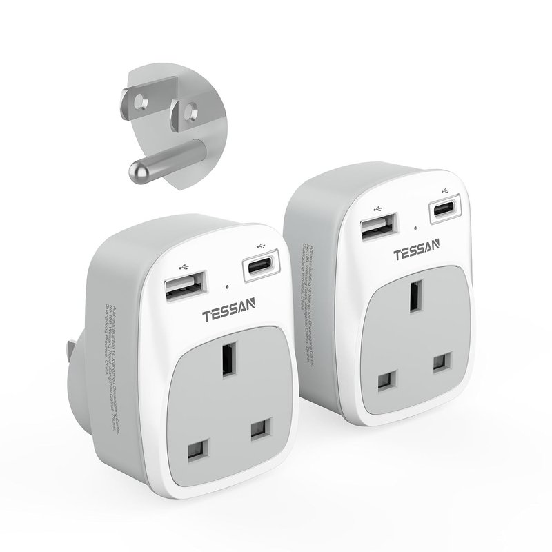 UK to US Plug Adapter 2 Pack, TESSAN UK to US Travel Adaptor with 2 USB (1 USB C), 3 in 1 Grounded Plug Adapter, Travel Essentials for USA, Canada, Thailand, Mexico, Bahamas (Type B)