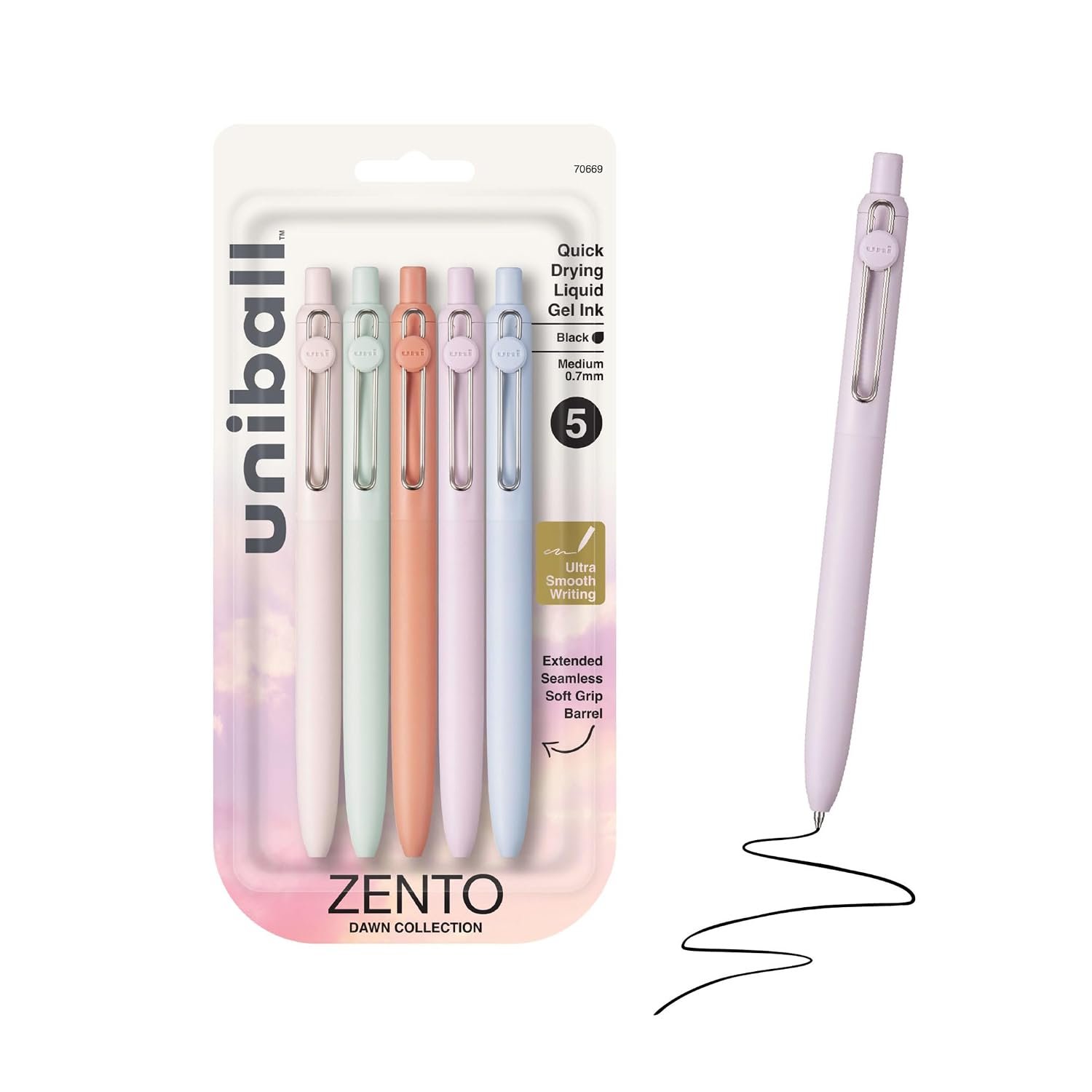 uniball™ Zento Gel Pens, Black Ink, 0.7mm Medium Point, Retractable, 5 Count, Smooth Writing, Quick-Drying, No Smear, No Bleed, Dawn Barrel Colors