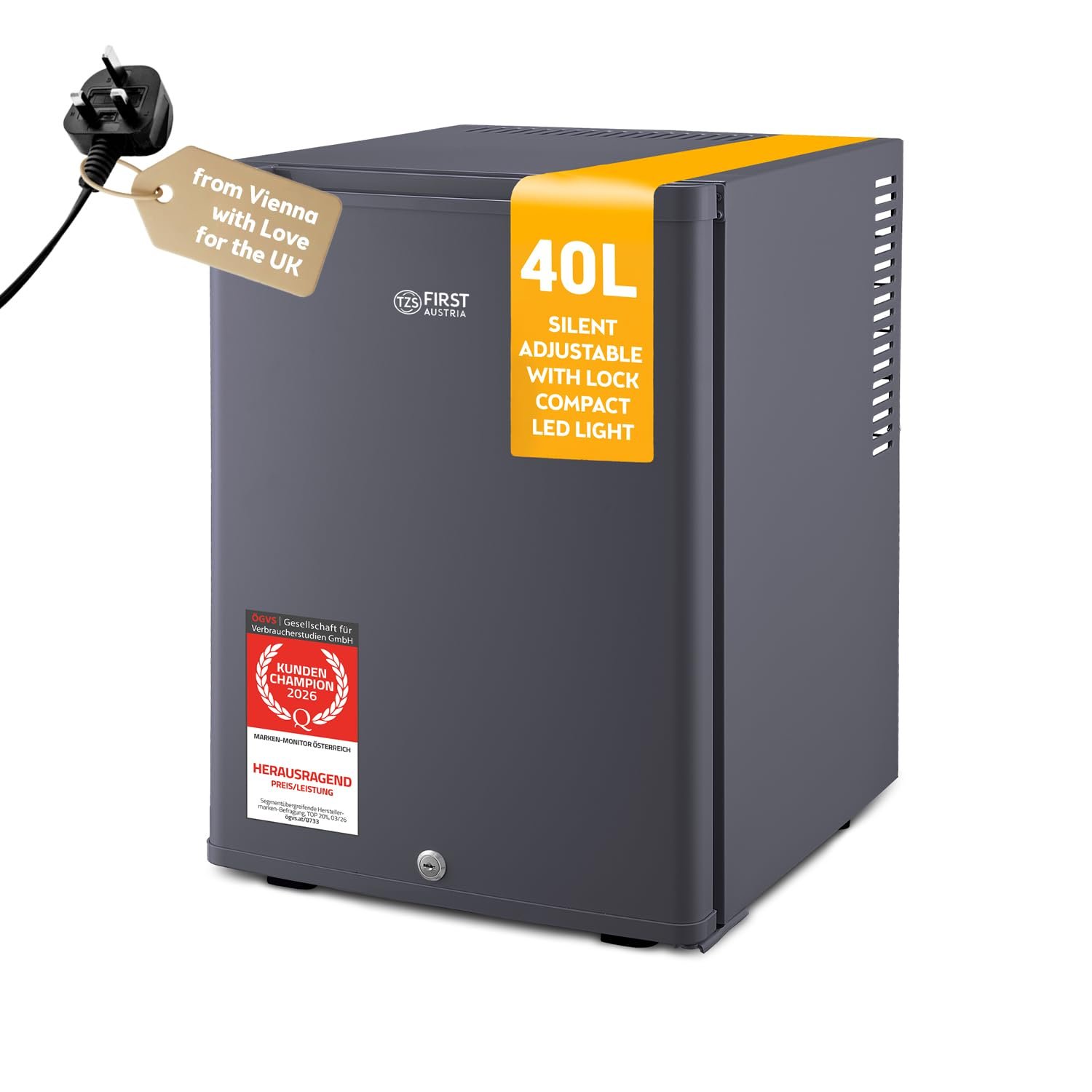 TZS First Austria - Mini fridge 40L silent & lockable - Small Minifridge, with reversible door hinge & interior lighting - Low noise Minibar for camping, office, bedroom & hotel - Anthracite