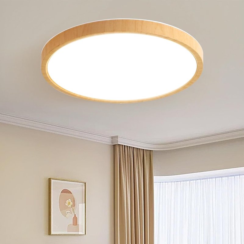 Schindora Wood Grain LED Ceiling Lights Flush Mount,Ultra-Thin Modern Ceiling Light,24W 3000K/4000K/6000K Selectable,Round Ceiling Lighting for Living Room Kitchen Lounge Hallway Home