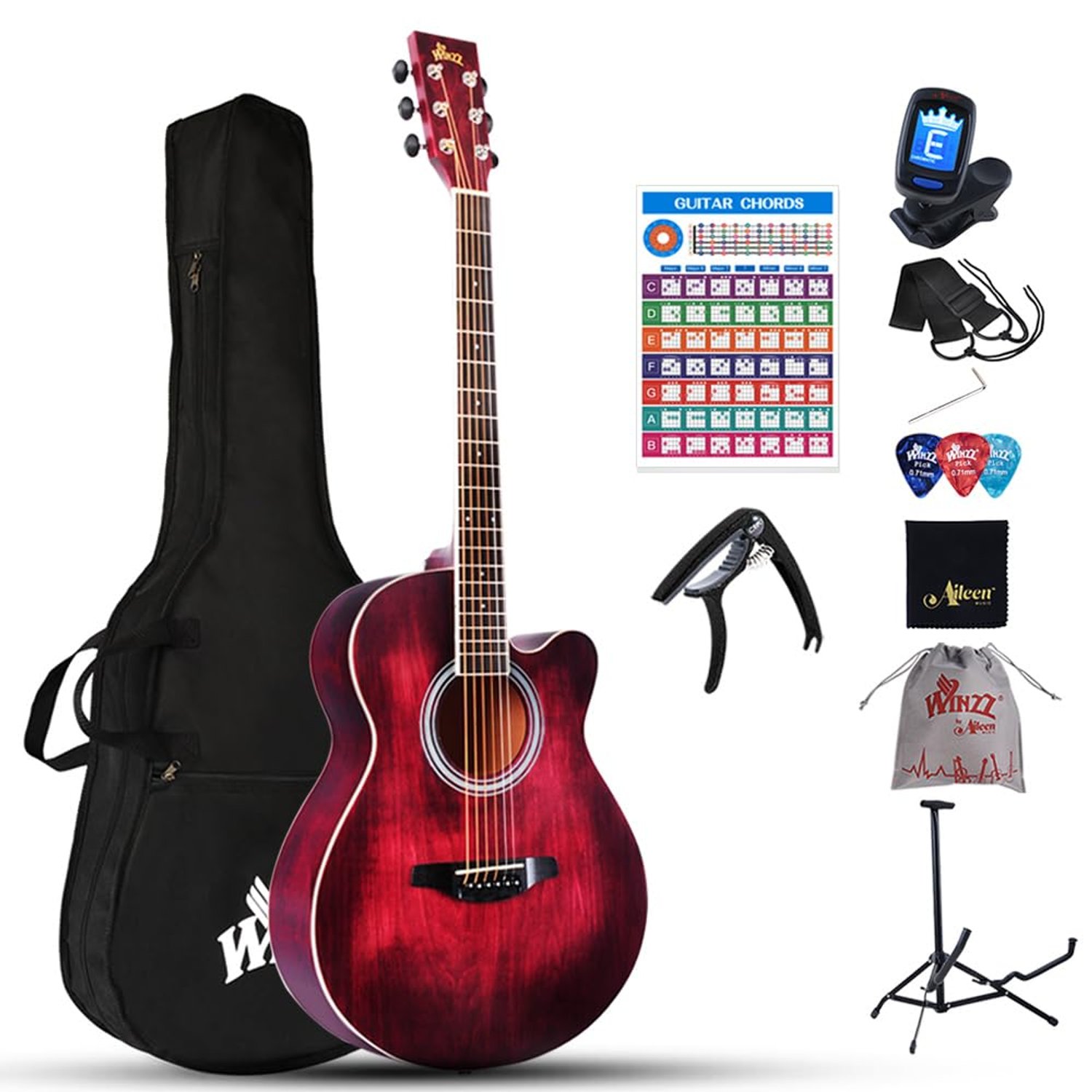 Winzz 40 Inches Acoustic Steel-string Guitar Beginner for Adults Students, Elegant Unique Color Design (Red)