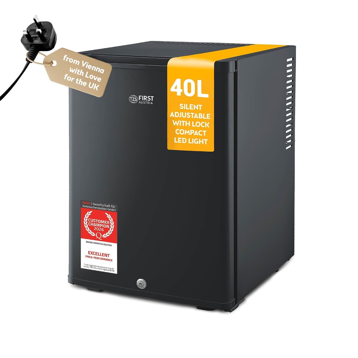 TZS First Austria - Mini fridge 40L silent & lockable - Small Minifridge, with reversible door hinge & interior lighting - Low noise Minibar for camping, office, bedroom & hotel - Matte black
