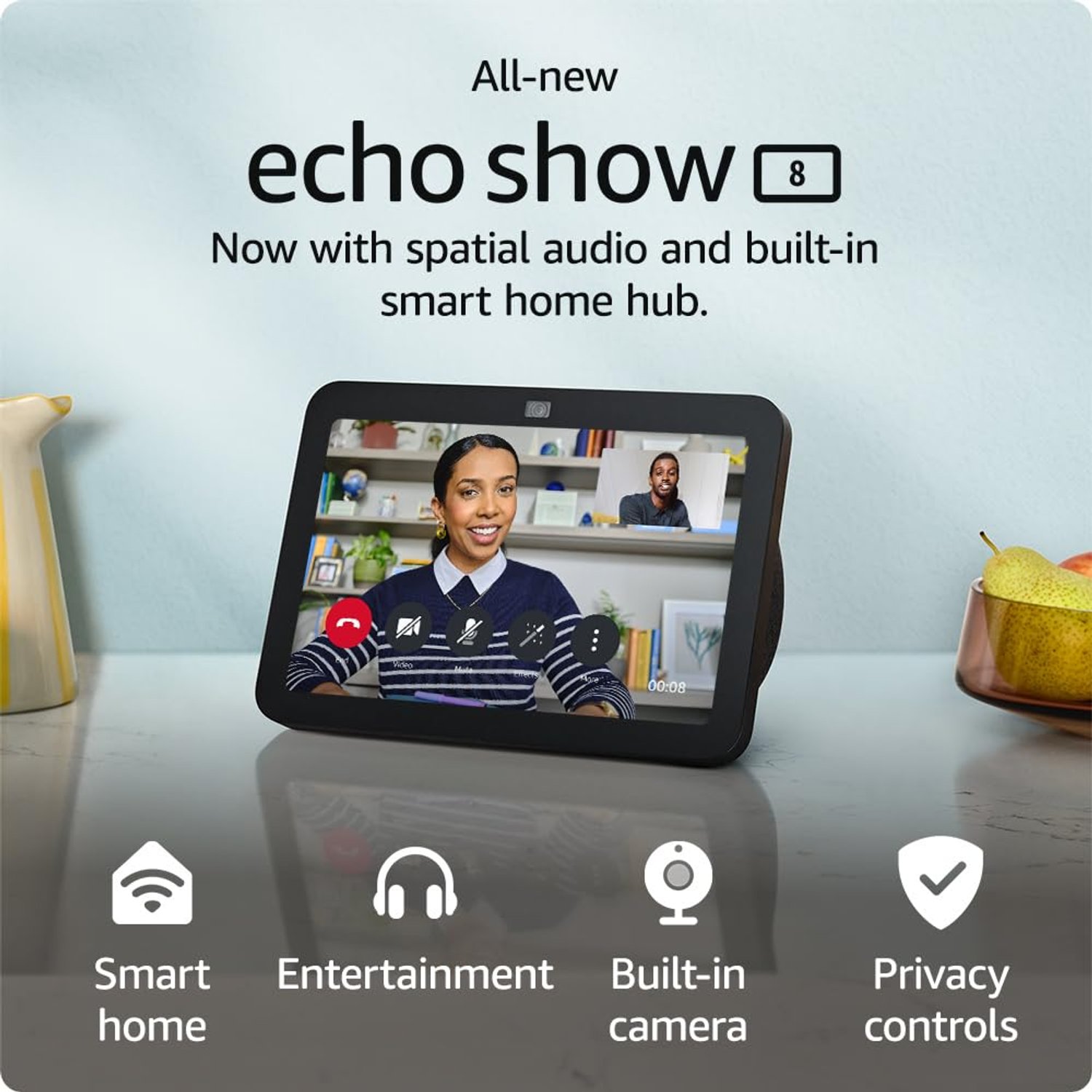 Certified Refurbished Echo Show 8 | 3rd generation (2023 release), HD smart touchscreen with spatial audio, smart home hub and Alexa, Charcoal