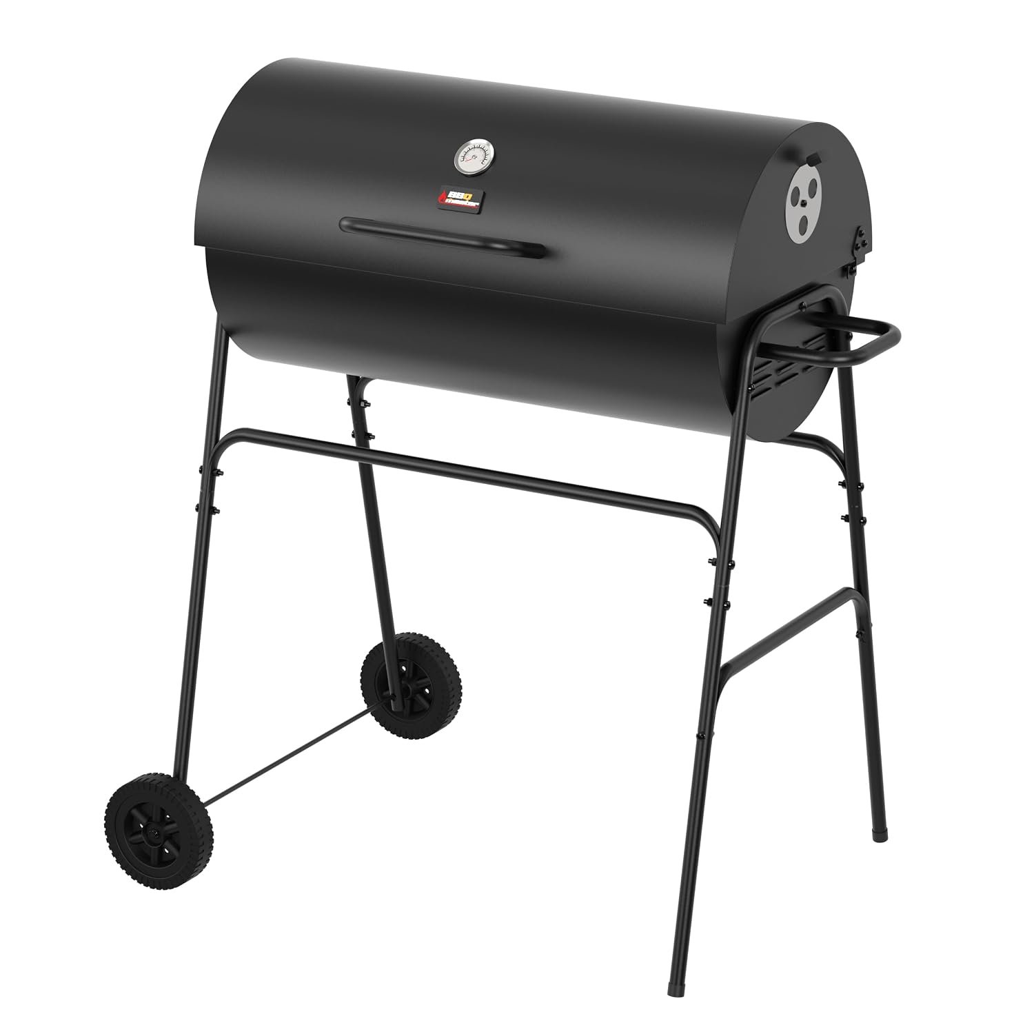 BBQ Master XL Barrel Charcoal BBQ Grill – Large Black Smoker with Thermometer, Wheels, Side Vents – Portable Garden Coal Barbecue for Outdoor Cooking