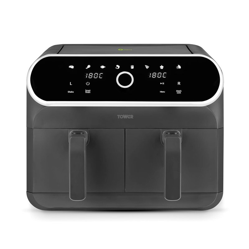 Tower T17194 Elite Dual Basket Air Fryer with Digital Control Panel, Match Cook & Smart Finish Functions, 8 Cooking Presets, Vortx Technology, 8L, 1700W, Graphite