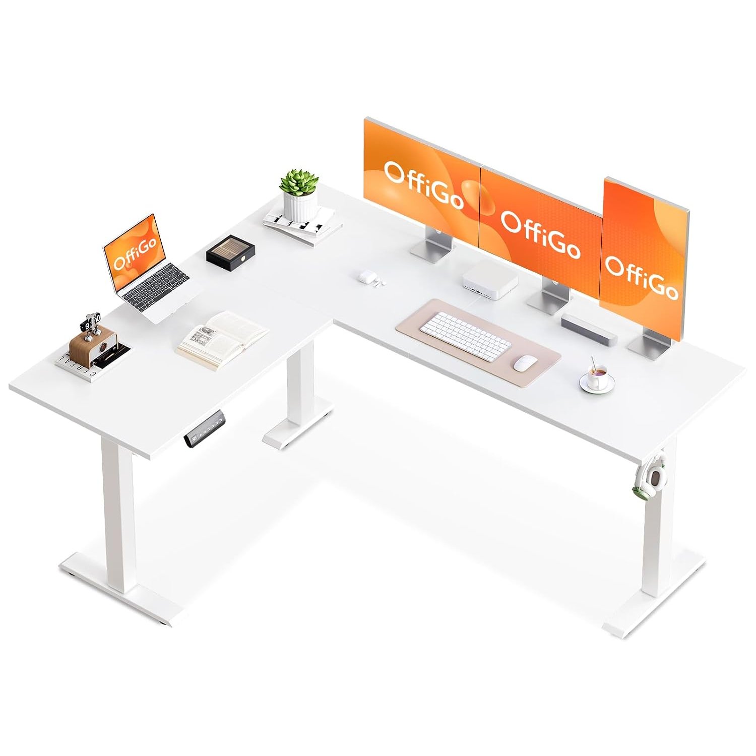 OffiGo Corner Desk, 160x120cm Electric Standing Desk with 3 Memory Smart Panels, Reversible L Shaped Rising Table, Height Adjustable Table for Home Office Workstation, White