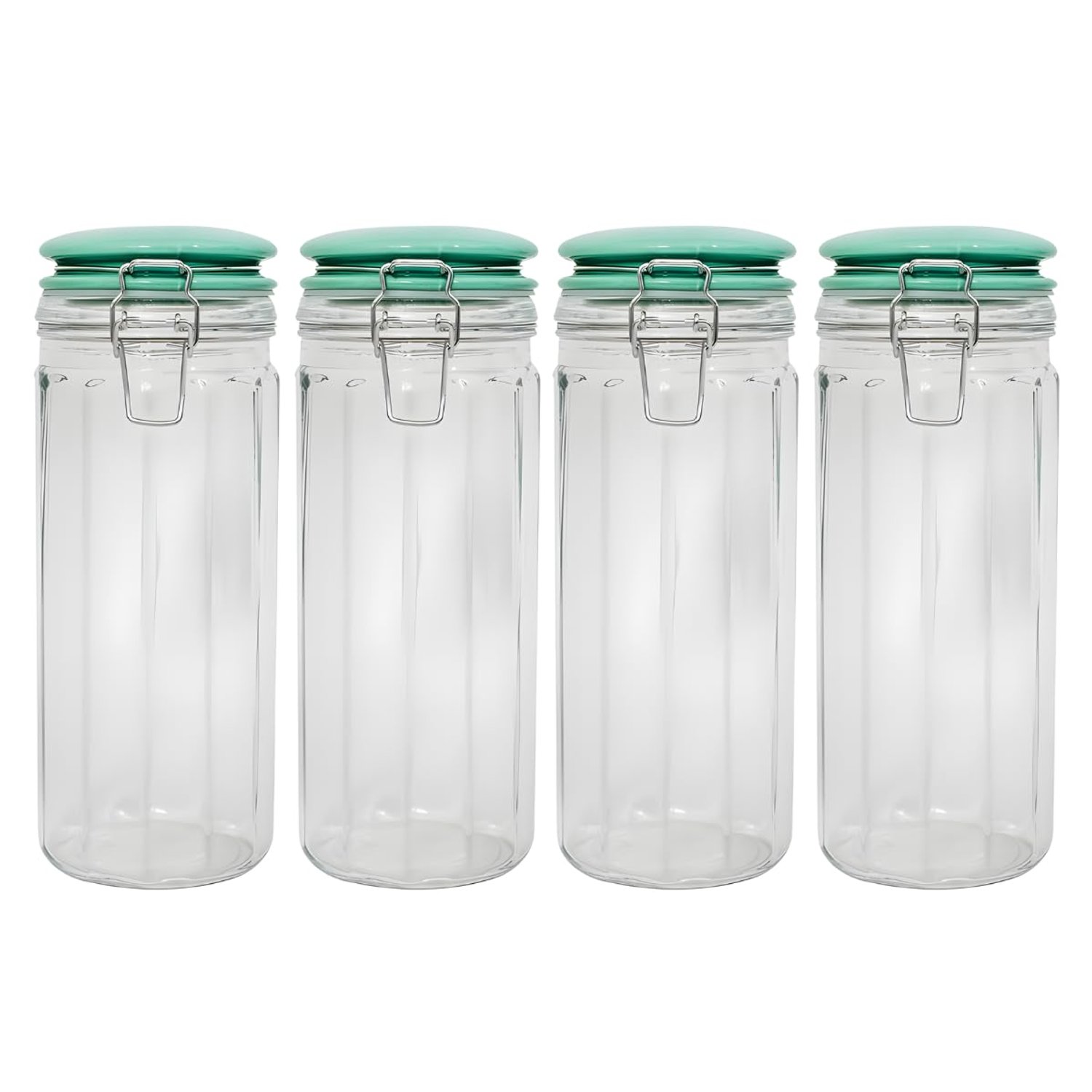 YöL Set of 4 Fluted Glass Storage Jar with Green Ceramic Lid 1350ml Airtight Clip Lock Food Container for Sweets Biscuits Coffee Sugar Pasta and Dried Foods Kitchen Organisation Canister