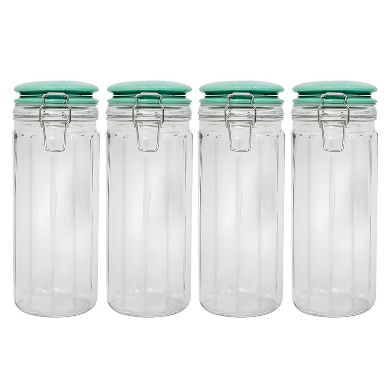 YöL Set of 4 Fluted Glass Storage Jar with Green Ceramic Lid 1350ml Airtight Clip Lock Food Container for Sweets Biscuits Coffee Sugar Pasta and Dried Foods Kitchen Organisation Canister