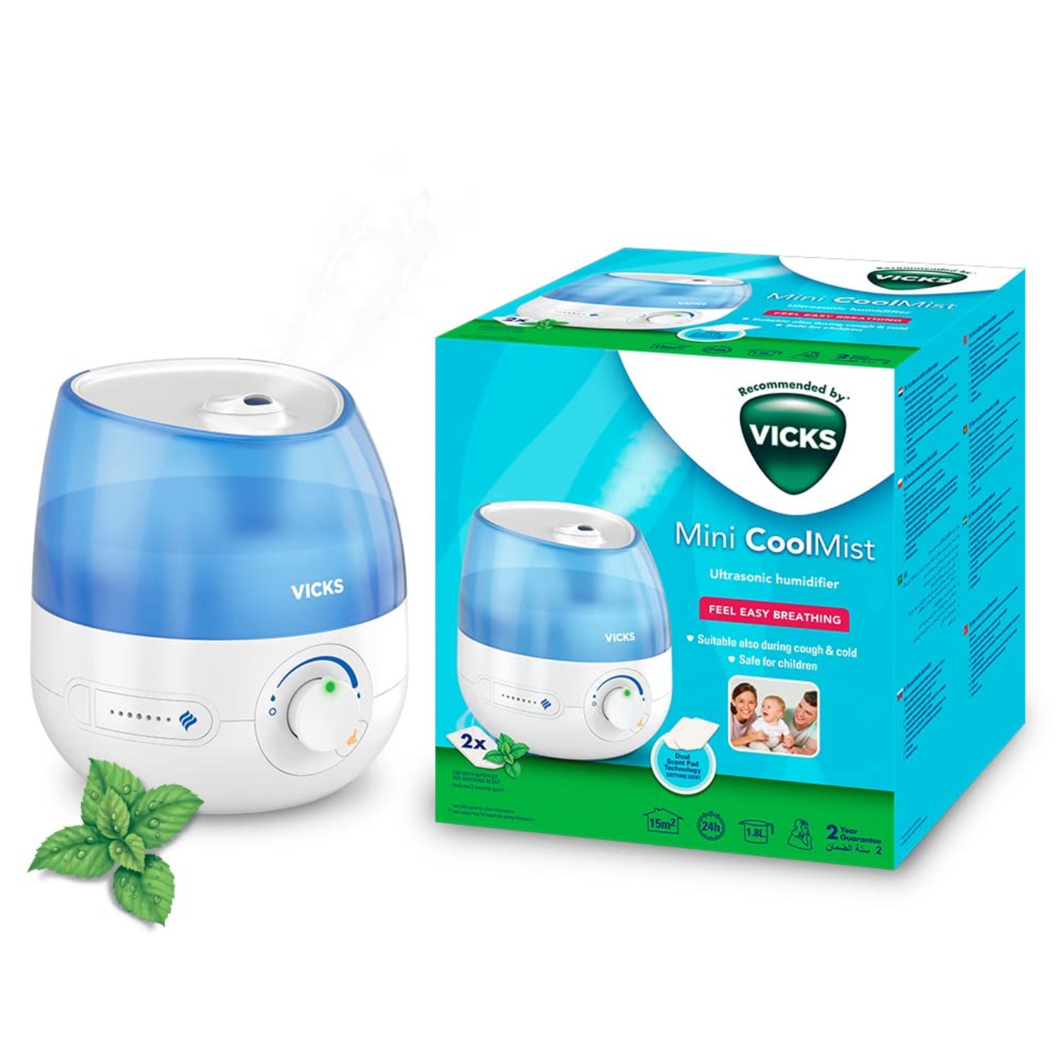 Vicks Mini Cool Mist Ultrasonic Humidifier (compact, quiet, for better sleep, cough and cold, comfort, essential oils, humidity, rooms up to 15m2) VUL525