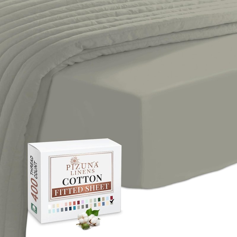 Pizuna 100% Cotton Fitted Sheets Silver, 400 Thread Count Long Staple Cotton King Size Fitted Sheet 160x200 cm, Sateen Weave 40 cm Deep Fitted King Size Sheet 1 PC