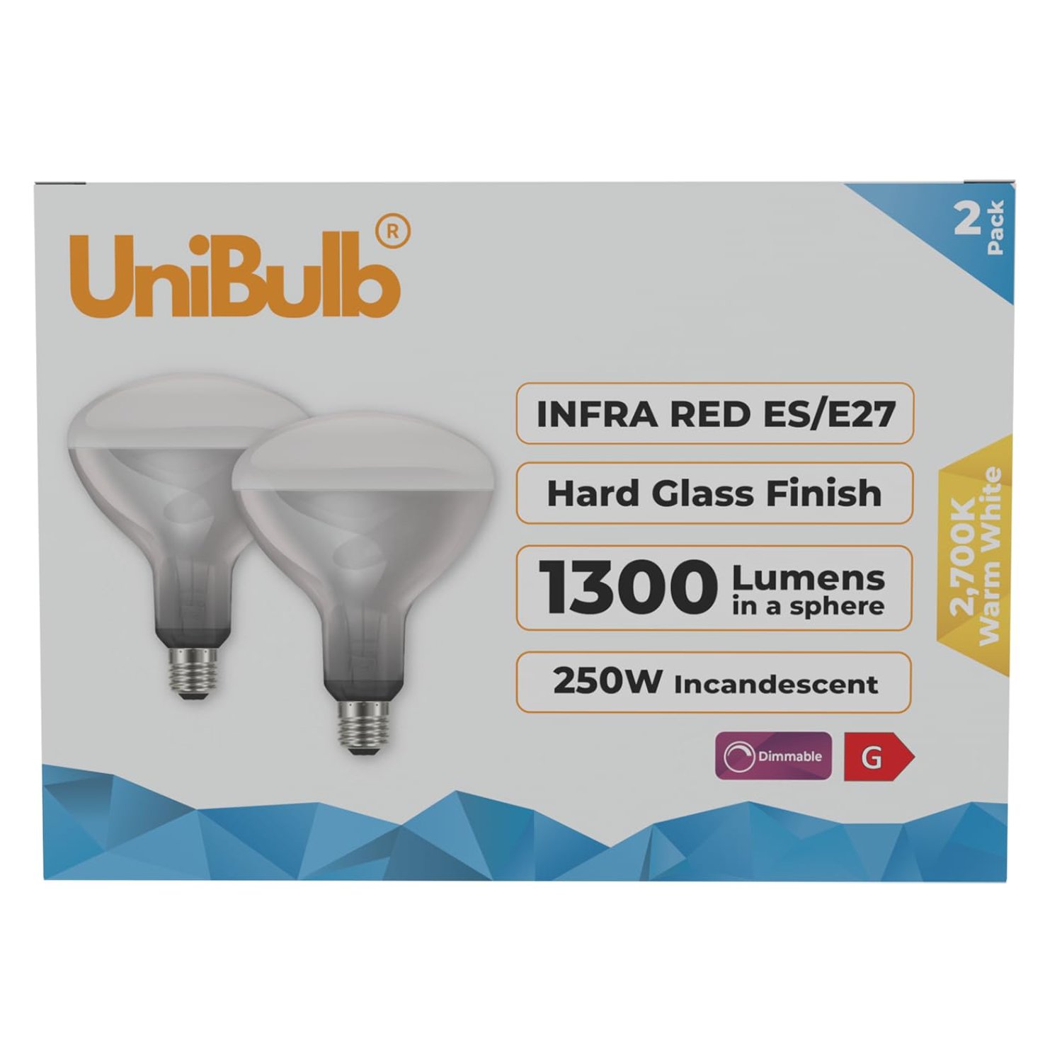 Unibulb Infra-Red Heater Lamp E27 Edison Screw (ES) 1300 Lumens 250W Heat Lamp Light Bulb, 2700k Warm White, Hard Glass Finish, Dimmable, Box of 2
