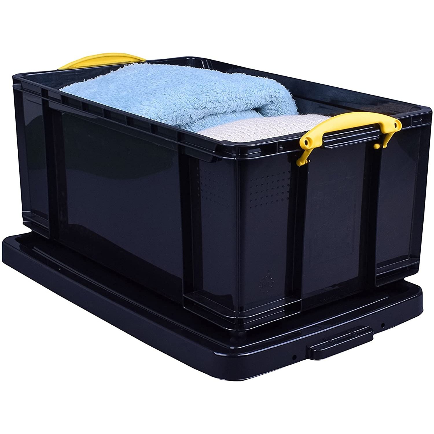 Really Useful Box Plastic Storage 64 Litre Solid Black with Yellow Handles