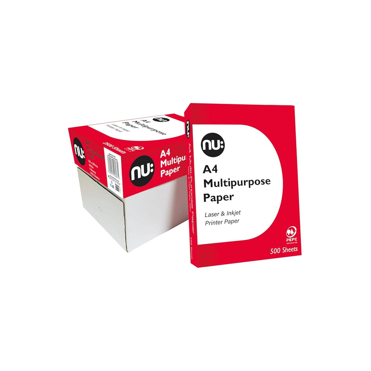 nu: A4 Multi-Purpose Printer Paper, White, 500 Sheets, Smooth Surface, Suitable for Inkjet, Laser & Copier Use, Ideal for Home & Office, 5 Reams