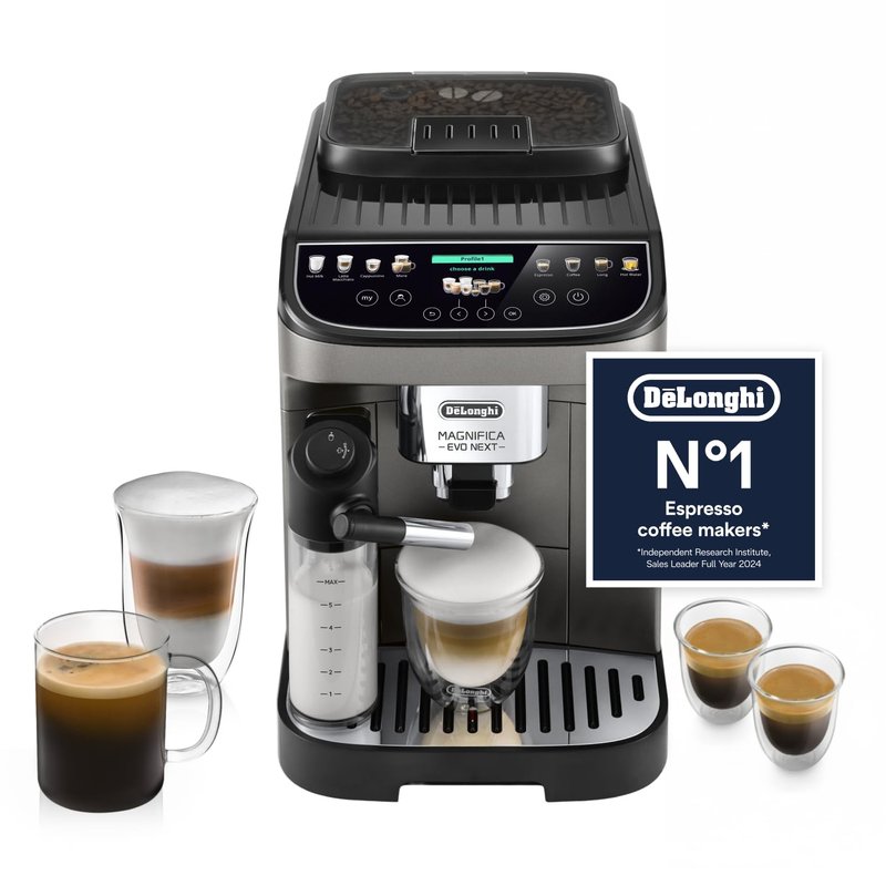 De'Longhi Magnifica Evo Next ECAM312.80.TB, Automatic Coffee Machine With Automatic Milk Frother, Bean To Cup Coffee and Cappuccino Machine with Intuitive Touch Display, Black/Titanium