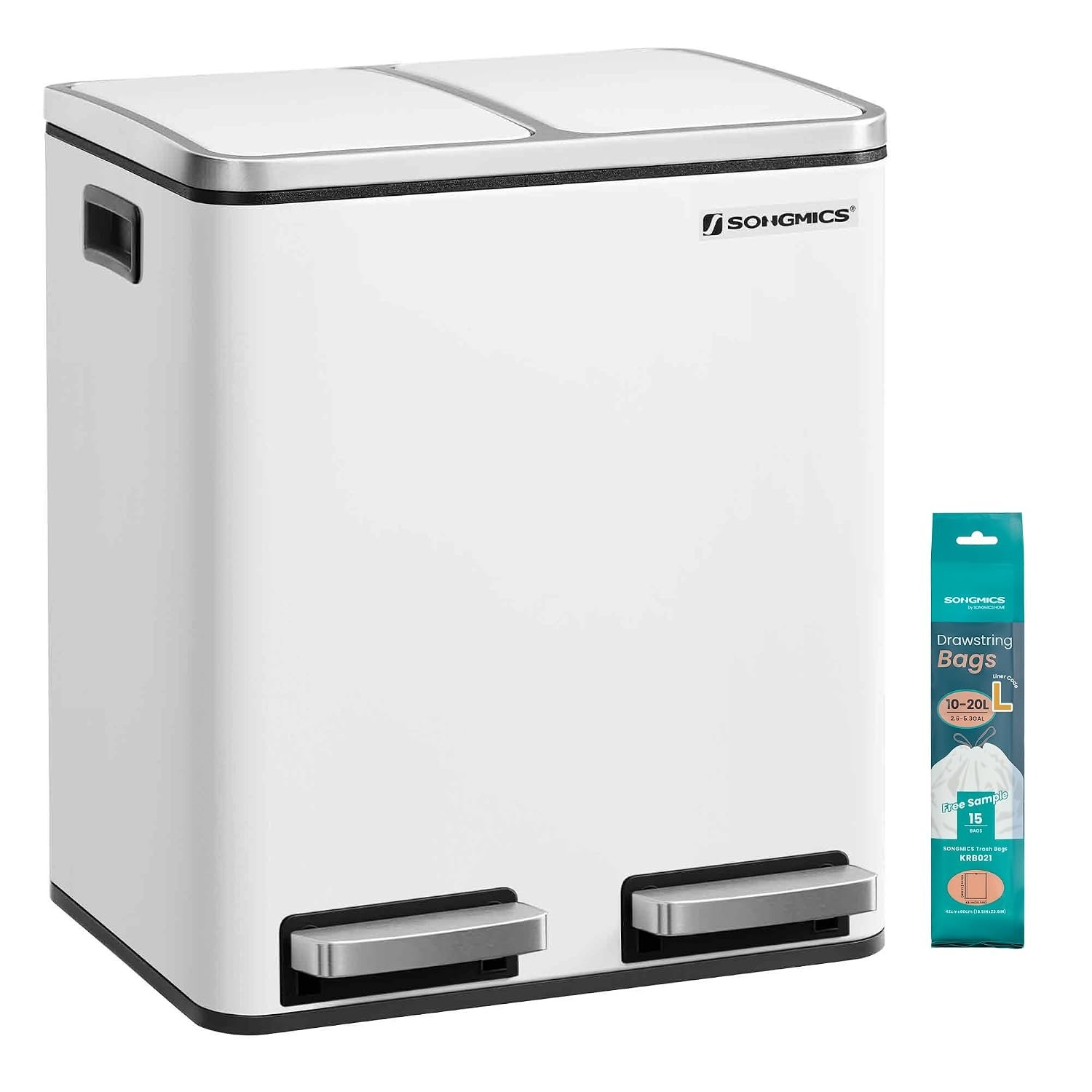 SONGMICS Kitchen Bin, 2 x 15 L Double Bin for Recycling and Waste, Pedal Bin, 15 Liners Included, Inner Buckets, Soft Close for Small Families, Steel, Cloud White LTB30WT