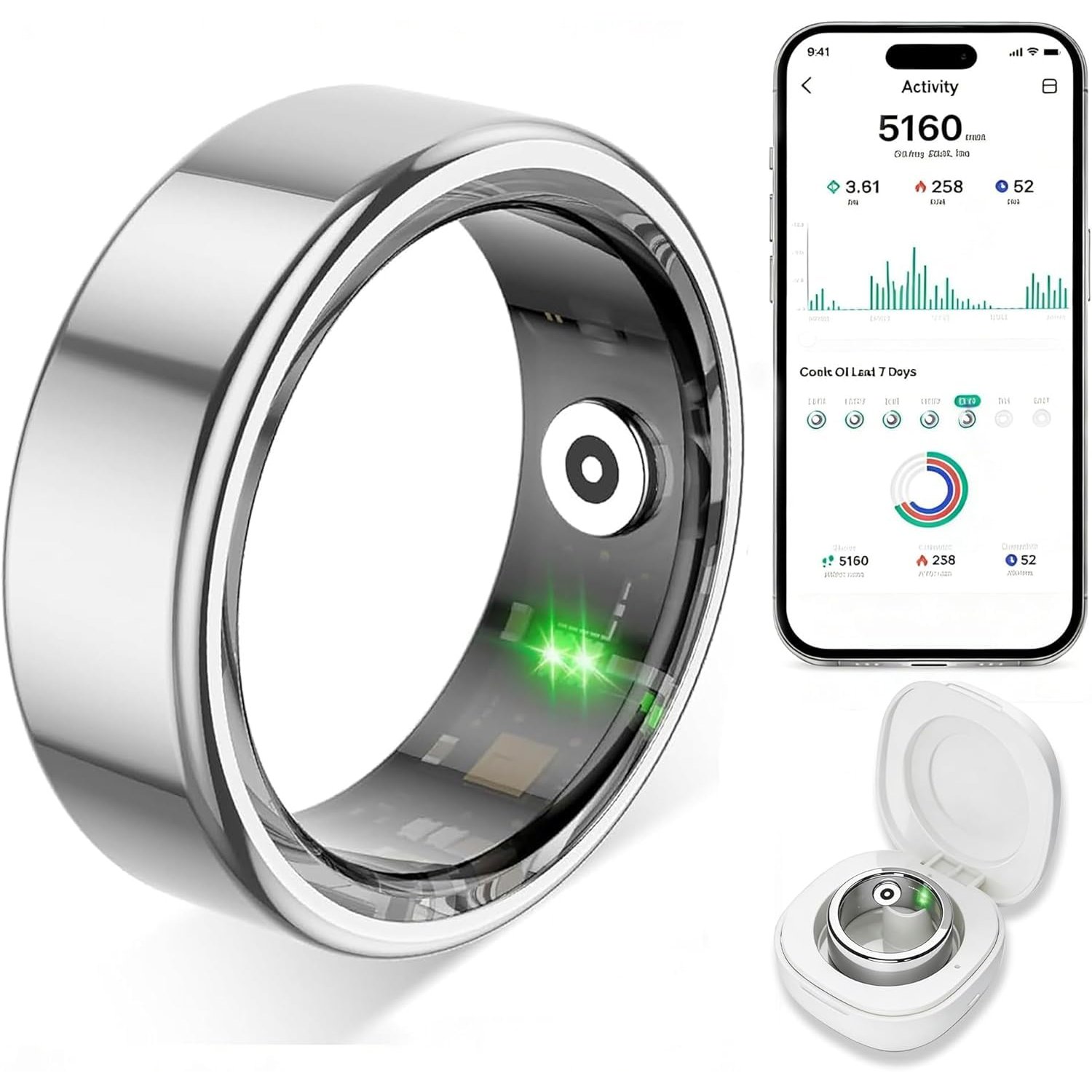TYUIOL Smart Ring for Women Men,Fitness Tracker Ring with Heart Rate, Sleep Monitoring, Blood Oxygen, Step Counting for iOS and Android, No Subscription Fee,Waterproof(Silver, 9)