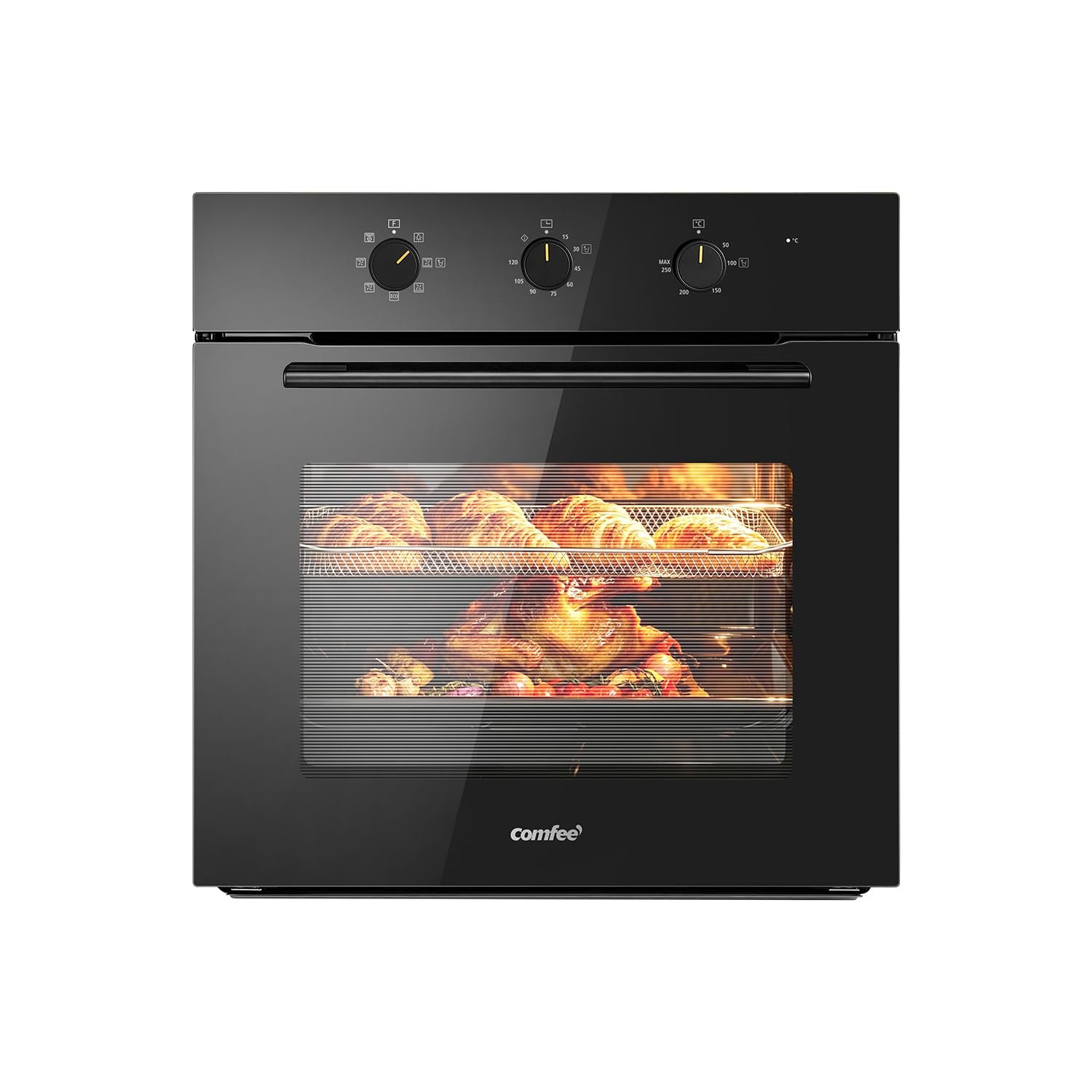 COMFEE' 60L, 60cm Wide, Single Electric Built-in Fan Oven, 8 Function with Air Fry, Multiphase Cooking and Easy Cleaning Removable Door, Color Black - CBO60M80M1-BK