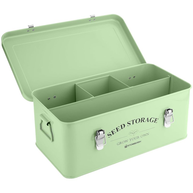 STOWBERRY Seed Storage Box Organiser – Green Garden Seeds Tin with Lid, Side Handles, 4 Compartments & Safety Lock – Seed Storage Box for Gardeners – Perfect Gardening Gifts for Men and Women