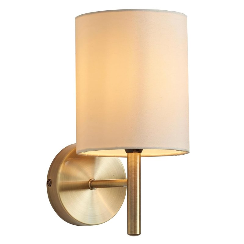 National Lighting Tatum Decorative Contemporary Antique Brass E14 LED Compatible Wall Light with a Cream Fabric Drum Shade
