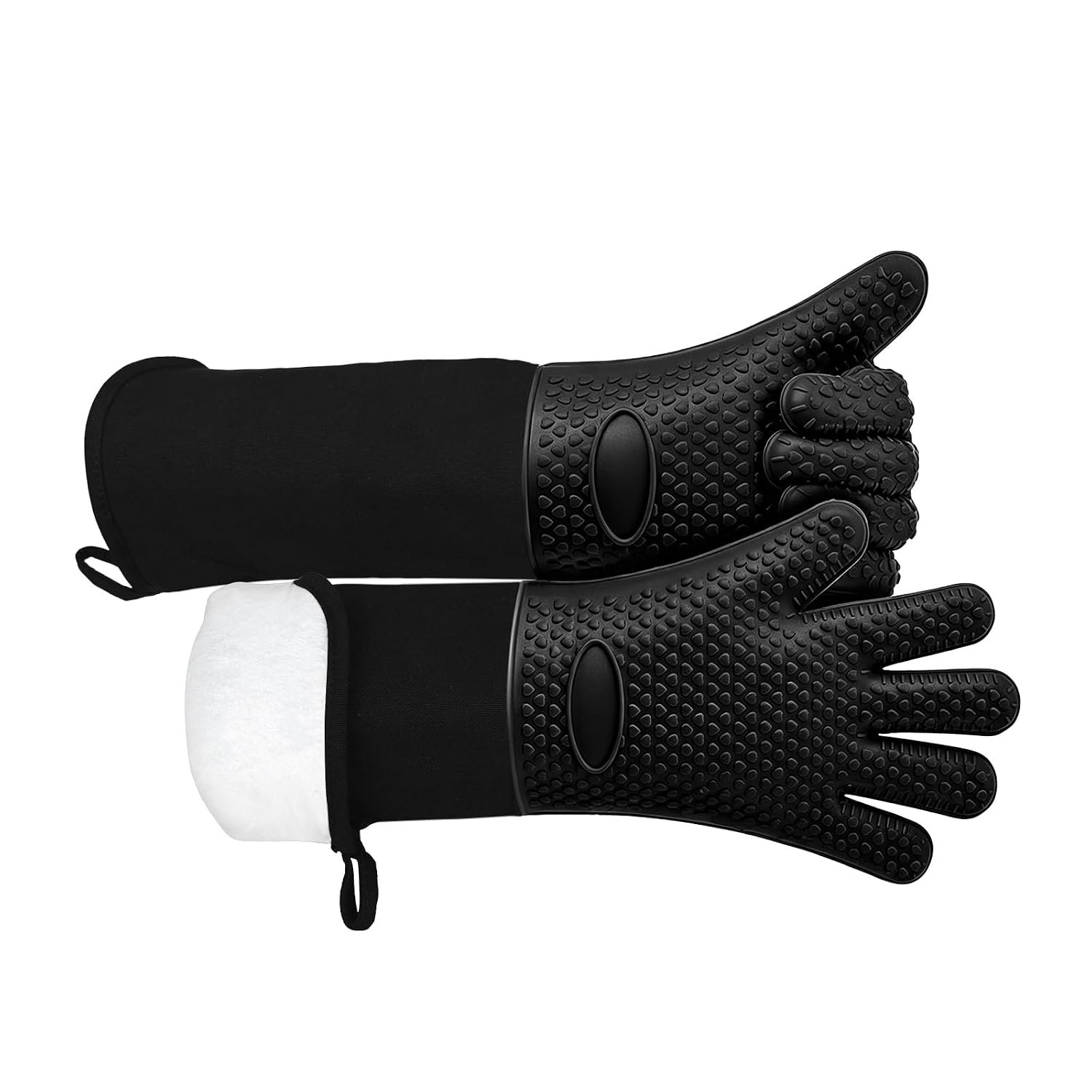Homegk Extra Long Silicone Oven Gloves, Heat Resistant Non-Slip Cotton Quilted Mitts, for BBQ, Baking, Grilling & Cast Iron - Black