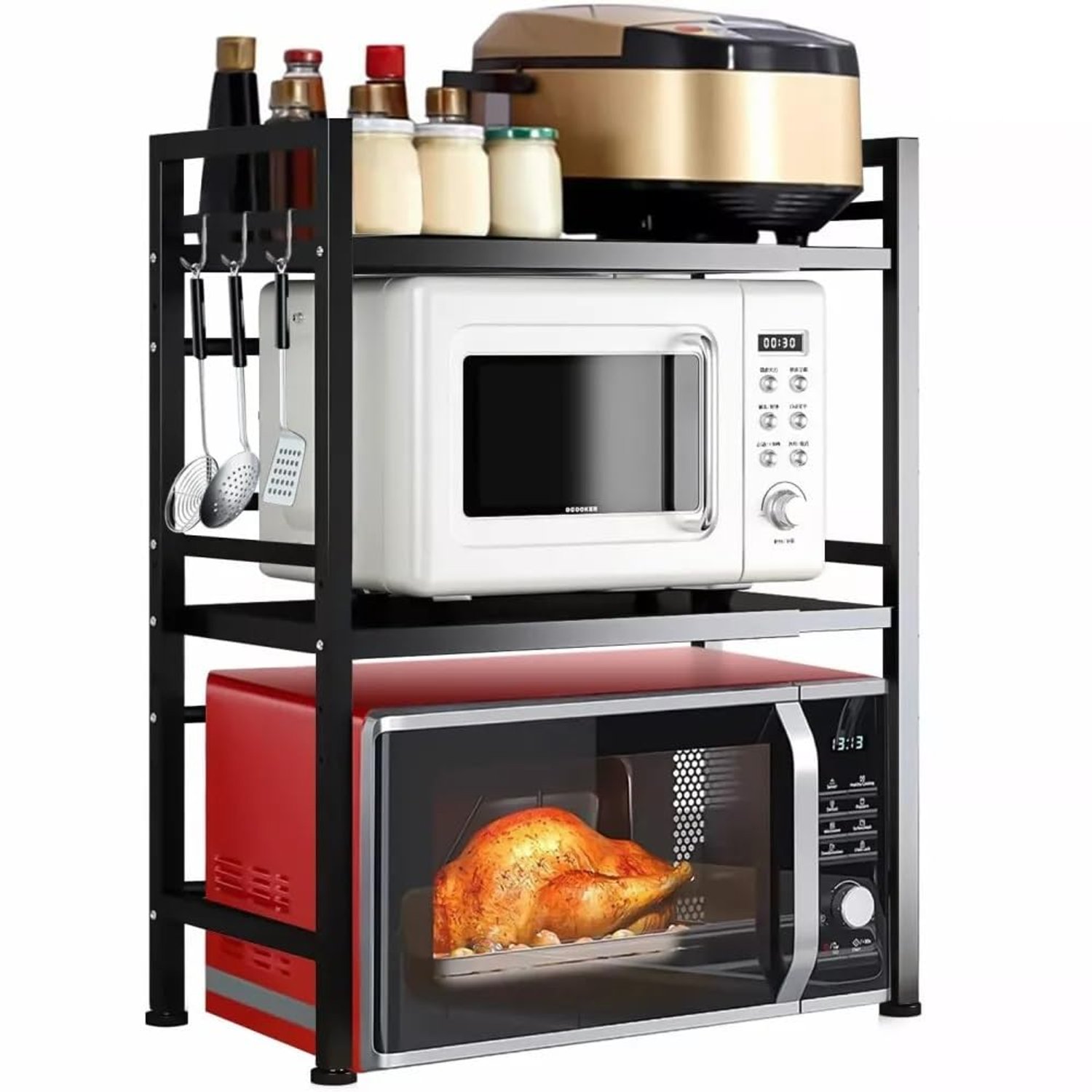 Multibao Expandable Microwave Rack Shelf, 3 Tier oven Rack Stand Storage Holder Kitchen Corner Shelf Desktop Printer Shelf Rack, Bakers Rack (Black)