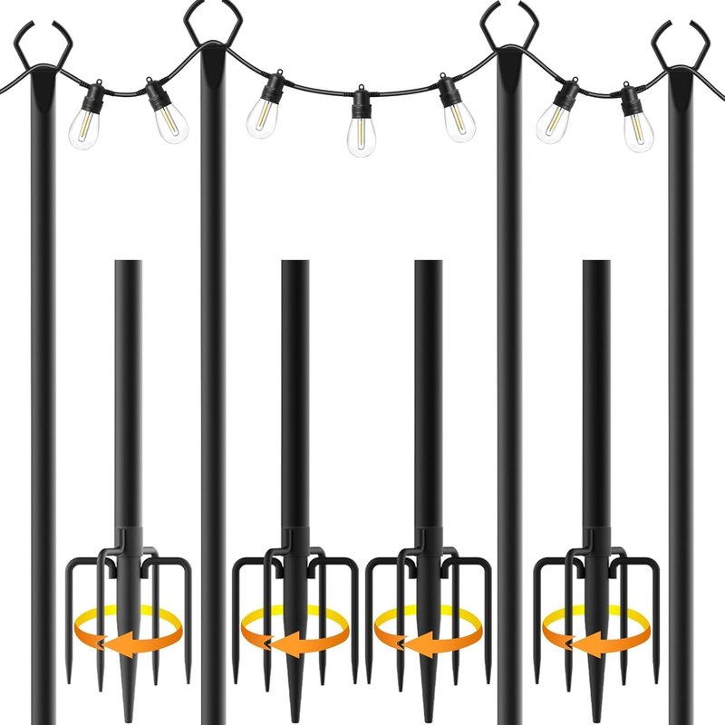 AHRLHR 4pack 3M String Light Pole, Metal Outdoor String Light Pole, Suitable for Courtyard,Backyard,Garden,Patio,Party,Wedding Hanging Light Pole,Rustproof and Sturdy with Hooks.