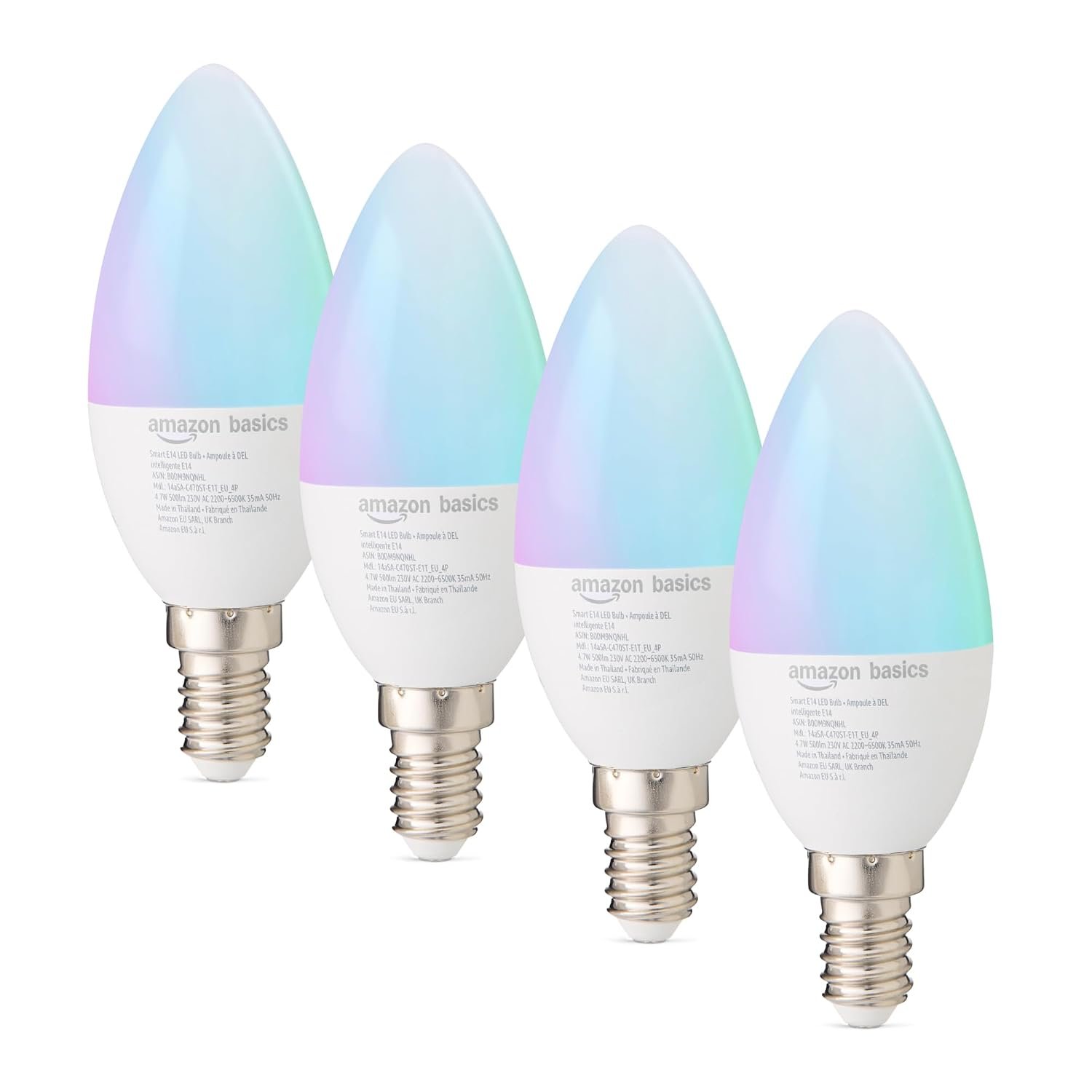Amazon Basics E14 Smart LED Bulb, 4.7 Watts, WiFi Light Bulb, 2.4 GHz, Works with Alexa Only, Multicolour, 4-Pack
