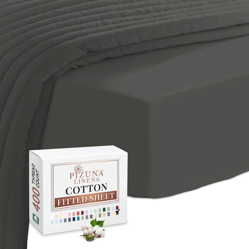 Pizuna 100% Cotton Fitted Sheets Dark Grey, 400 Thread Count Long Staple Cotton King Size Fitted Sheet 160x200 cm, Sateen Weave 40 cm Deep Fitted King Size Sheet 1 PC